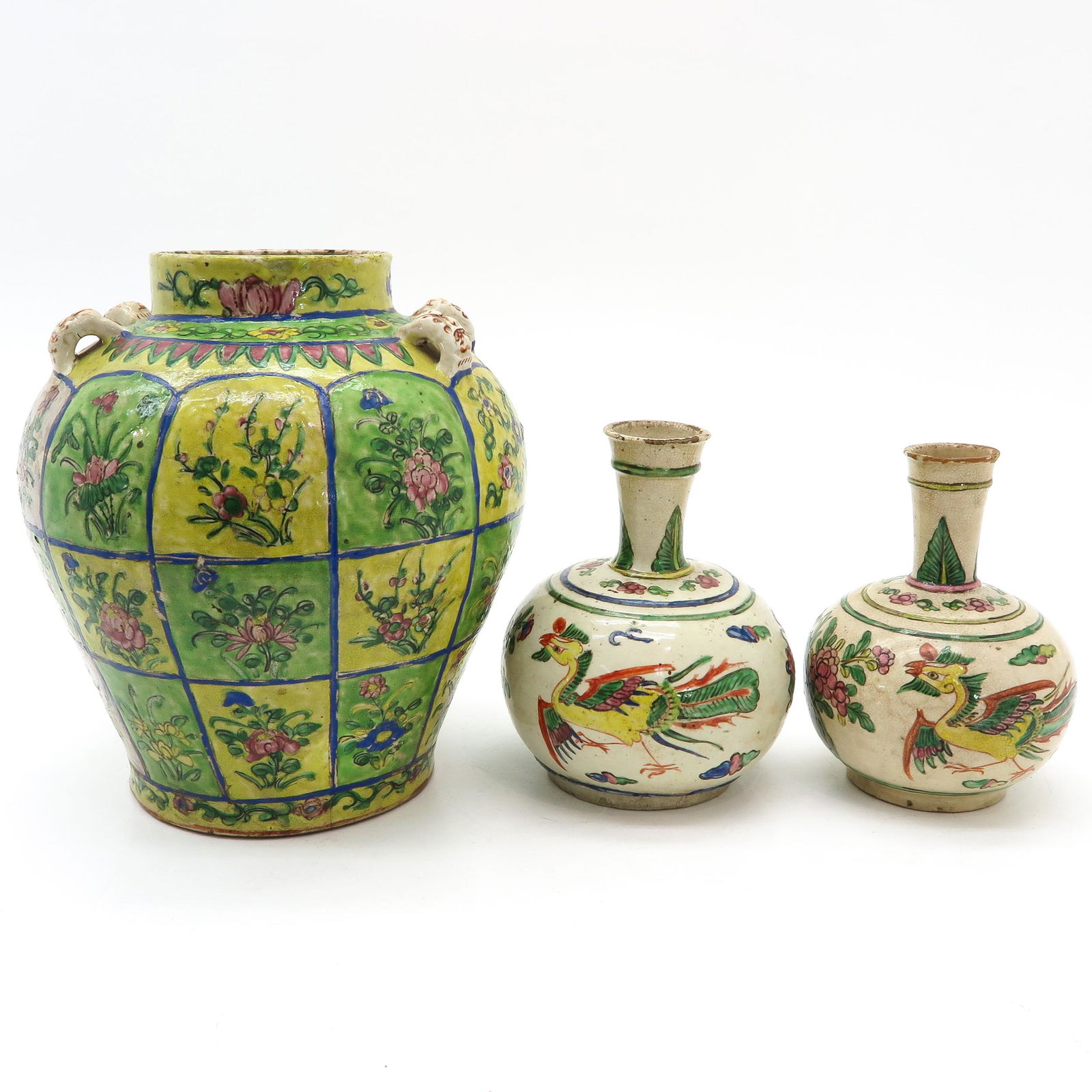 A Polychrome Earthenware Martaban Jar and Two Vases (1 of 8)