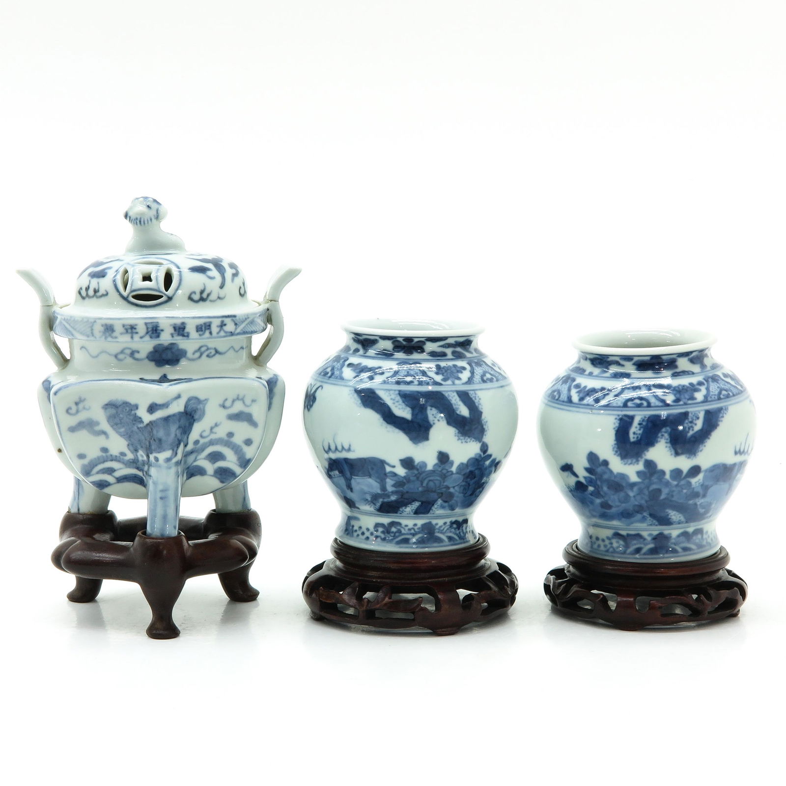 Three Chinese Blue and White Decor Censers (1 of 9)