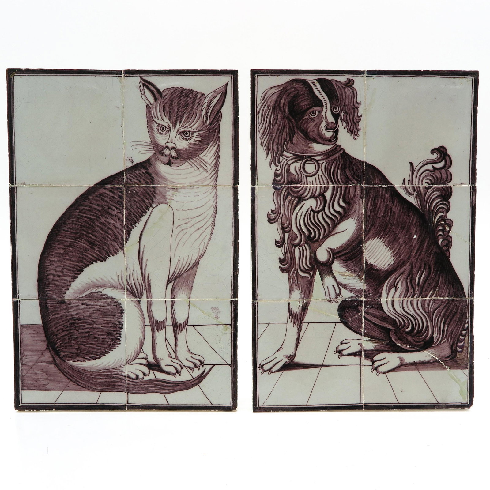 Two Dutch Tile Tableaus: 2 pieces of 18th century tile panels, Holland, manganese colored, representing cat and dog, 27 x 39 cm.