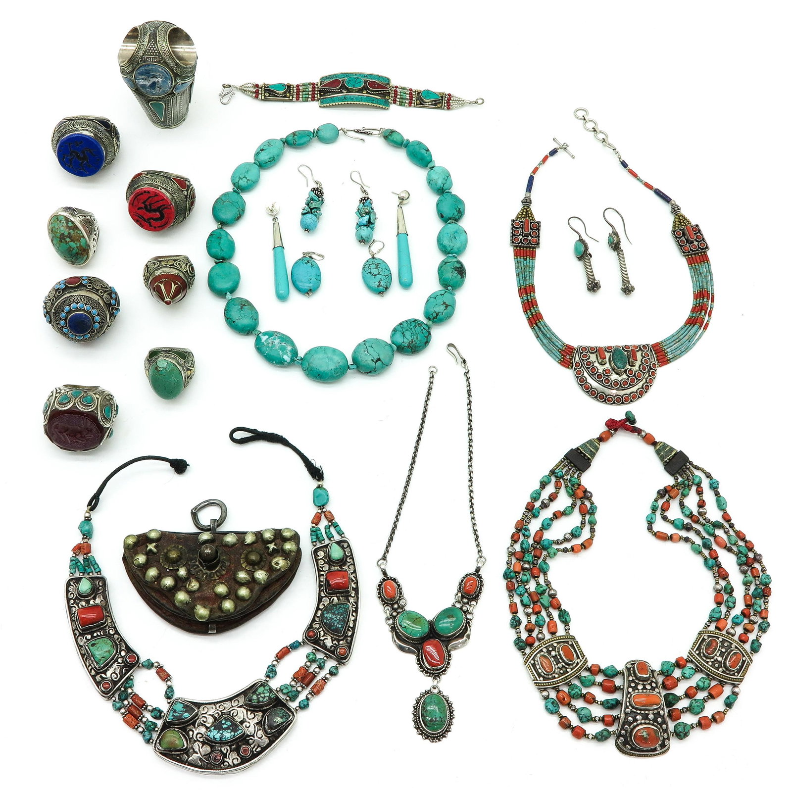 Collection of Jewelry from Nepal - Tibet: Nepal / Tibet, trimmed with turquoise and red coral