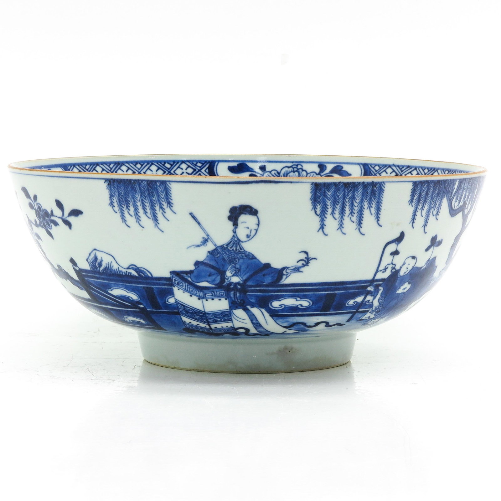 A Blue and White Bowl: Landscape decor with Chinese figures, Circa 1800, 27 cm. in diameter, hairline.
