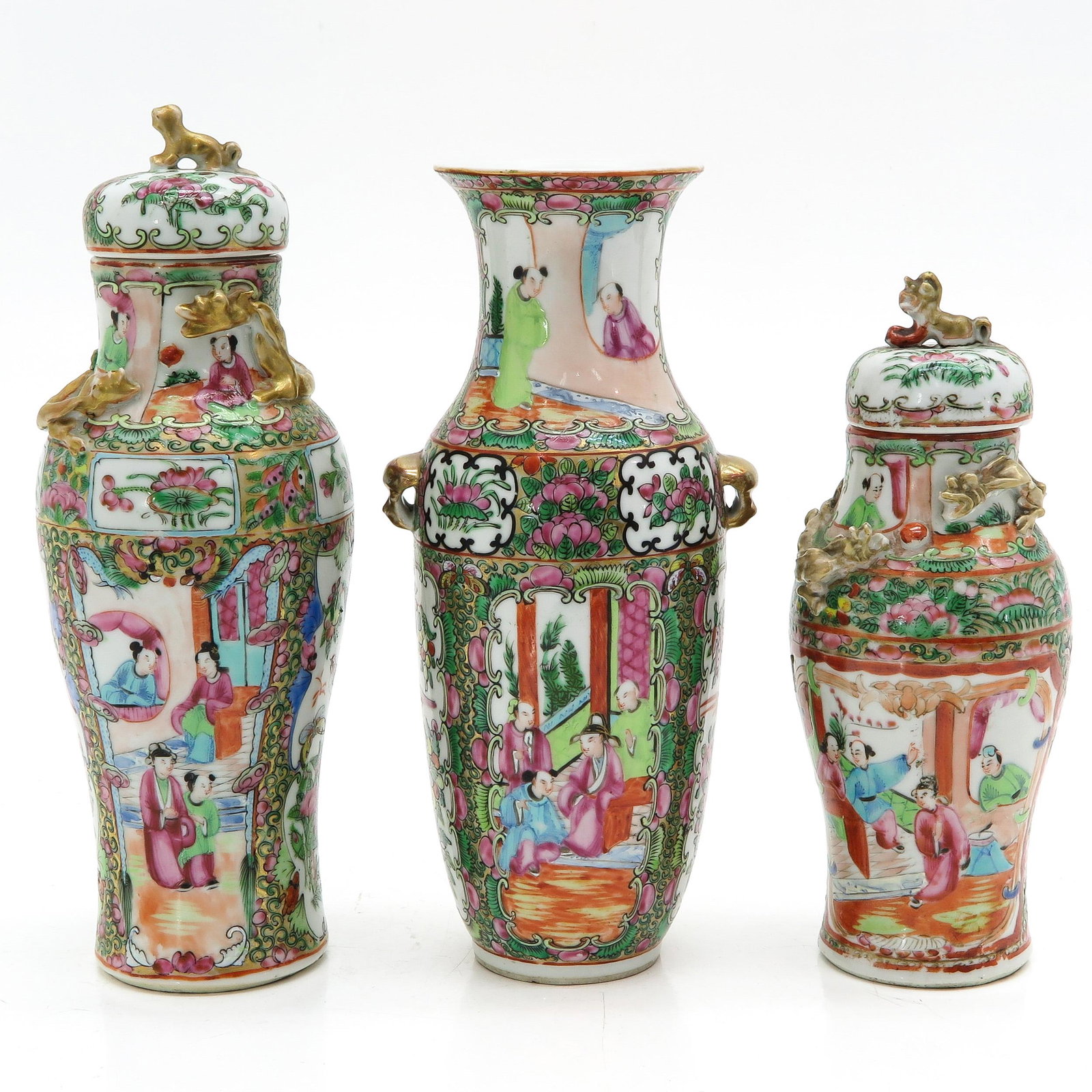 Three Cantonese Vases: Including 2 vases with covers, tallest is 26 cm.