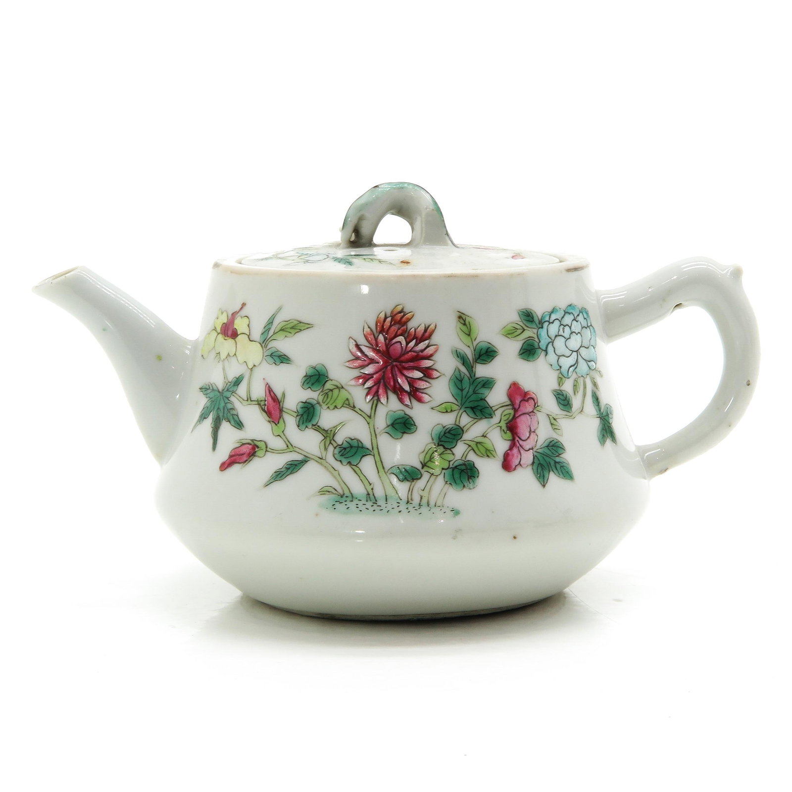 A Famille Rose Teapot: Marked with seal mark on bottom, 10 cm. tall, fritting.