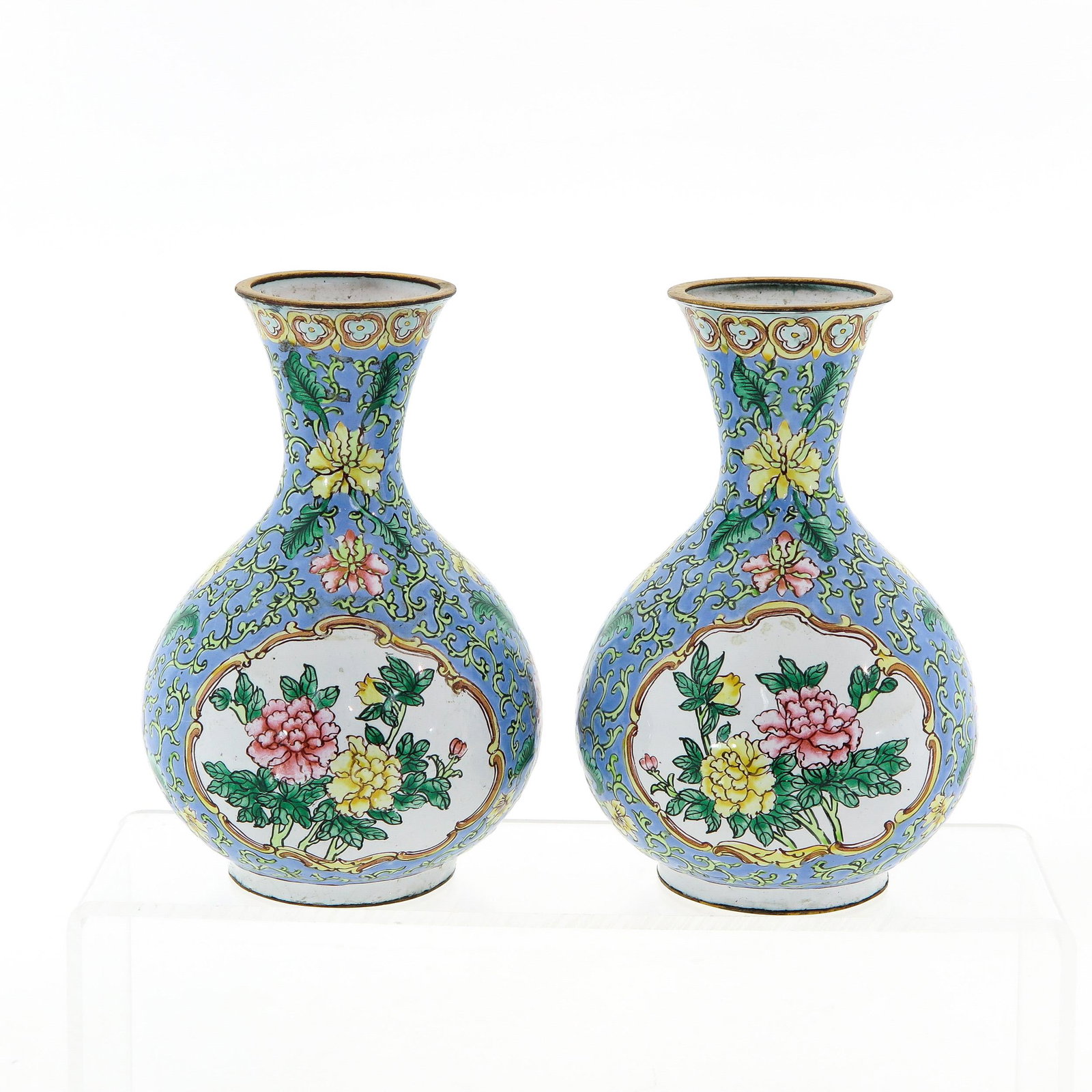 A Pair of Enamel Vases: Floral decor, 16 cm. tall.