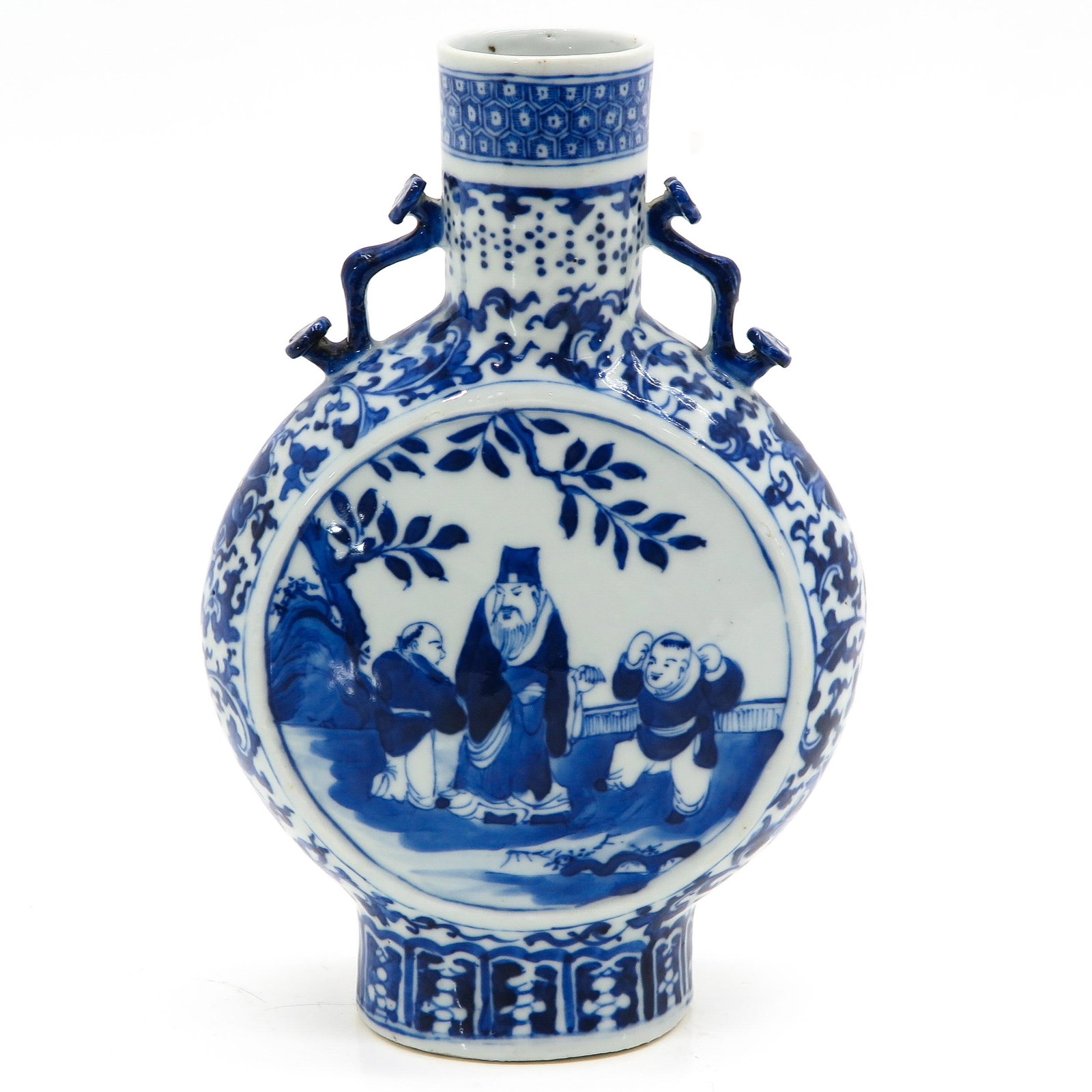 A Blue and White Moon Bottle Vase: Depicting Chinese figures, 26 cm. tall.