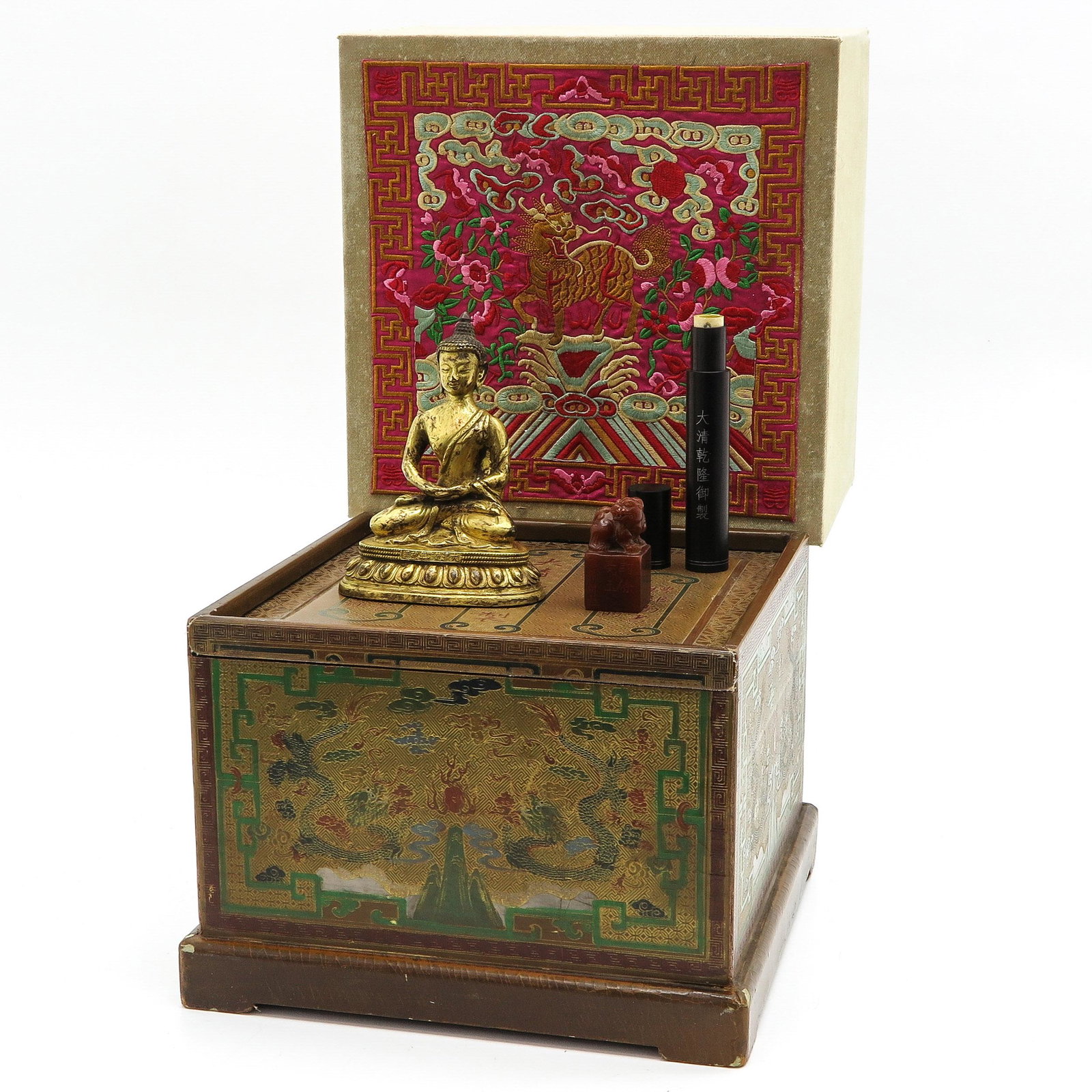 A Bronze Gilt Buddha with Box: Buddha is 16 cm. tall, also including seal,