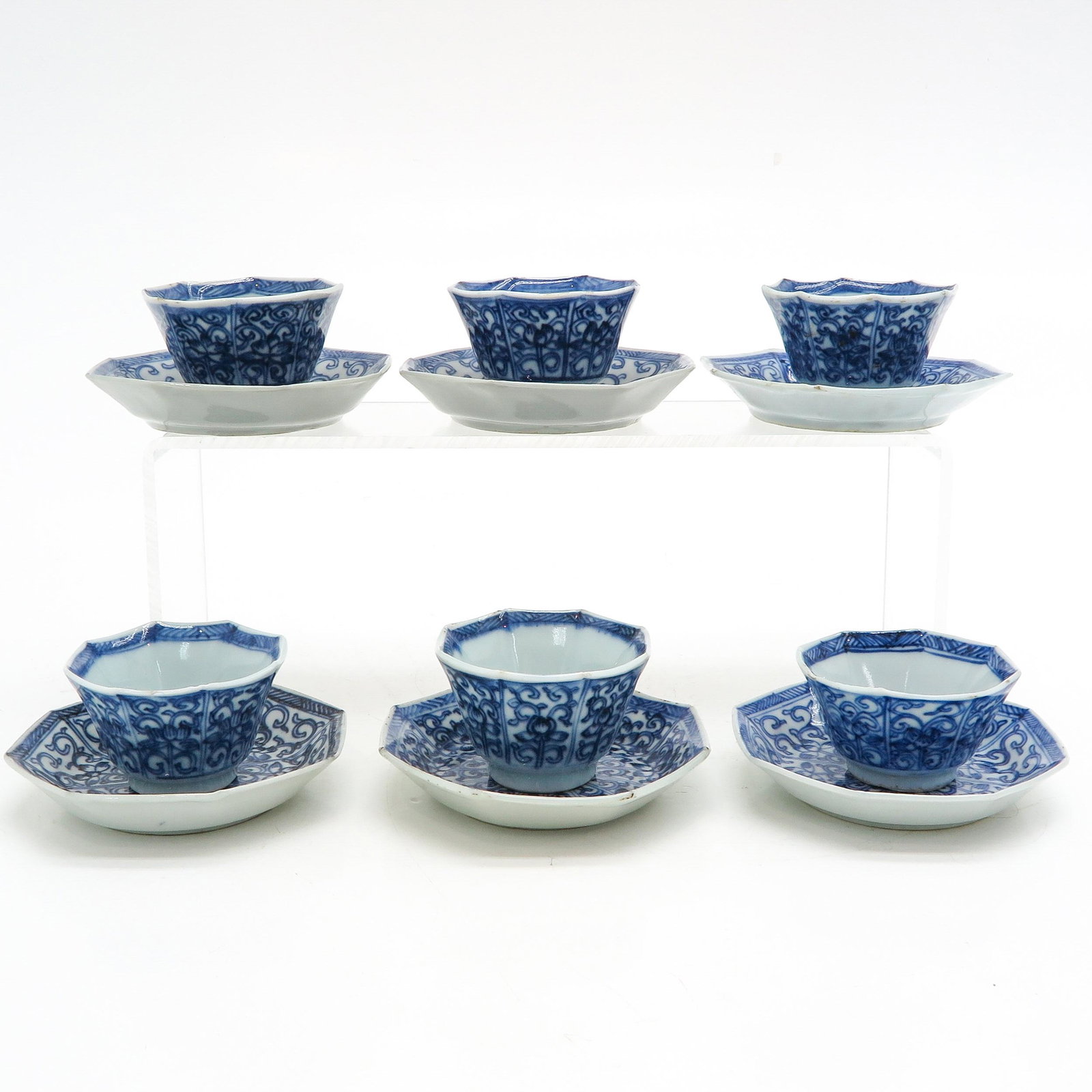 Six Blue and White Cups and Saucers: 18th Century, saucers are 10 cm. in diameter.