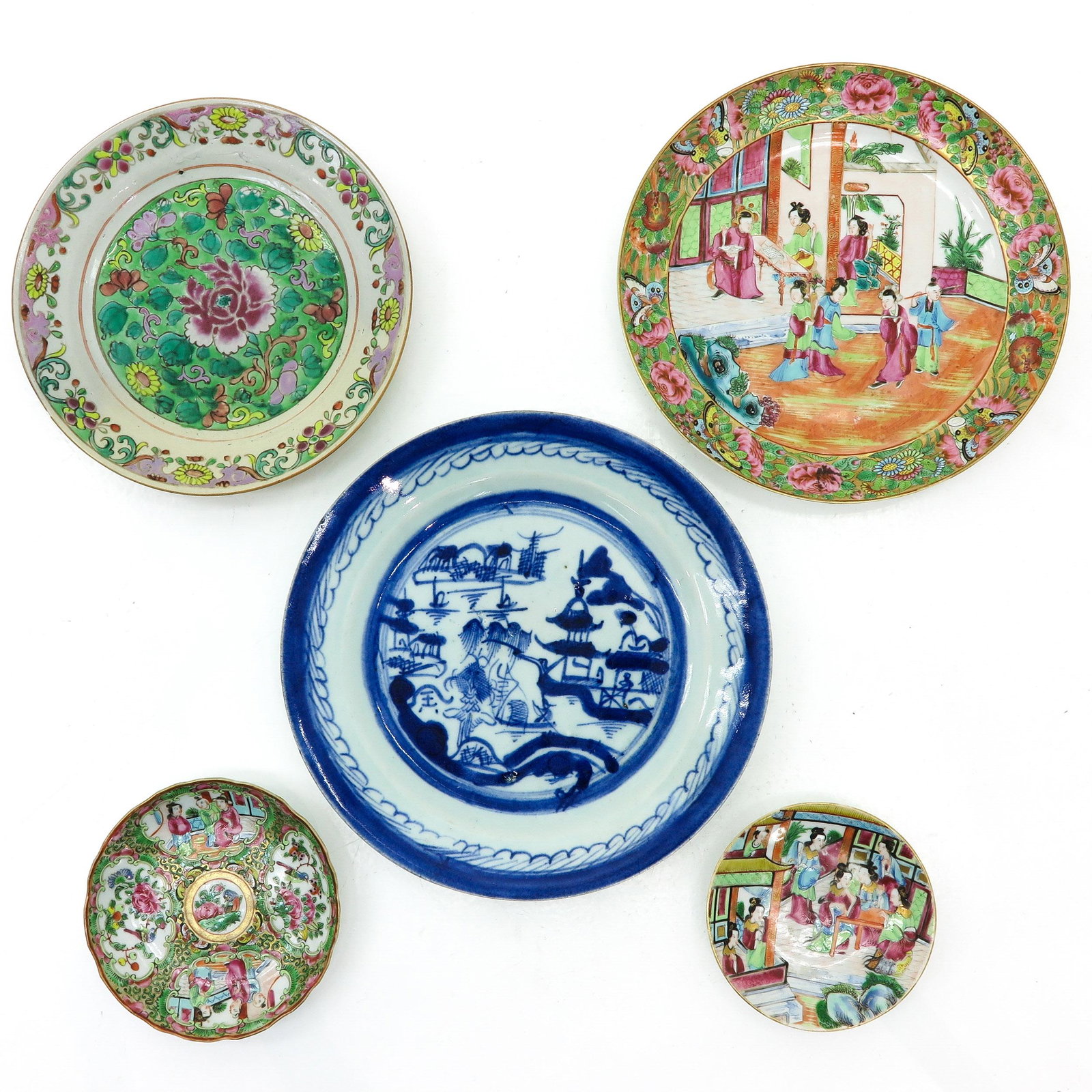 A Diverse Collection of 5 Plates: Including Cantonese, largest is 27 cm. in diameter.