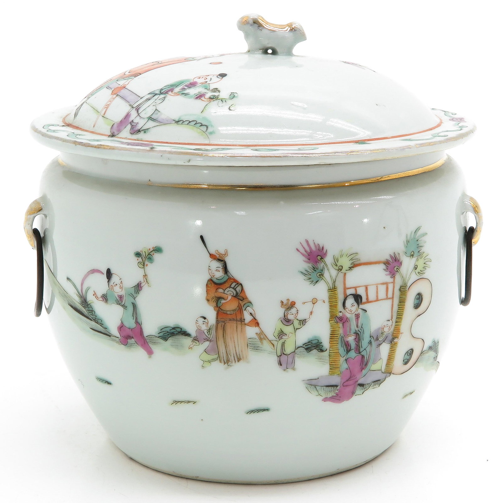 A Famille Rose Jar with Cover: Depicting Chinese figures in garden, 19 cm. tall.