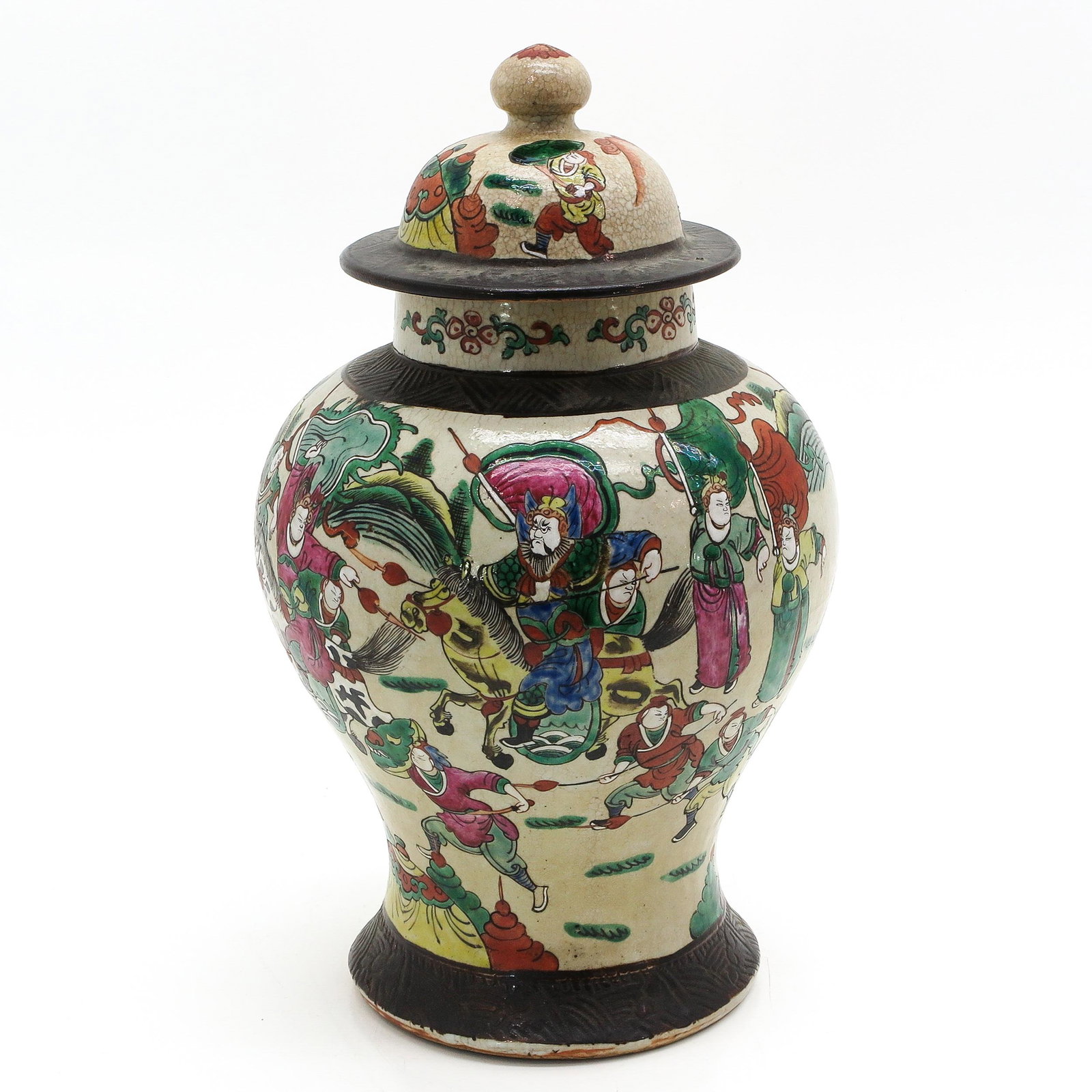 A Nanking Temple Jar with Cover: Decorated with Chinese warriors, marked with incised seal mark on bottom, 45 cm. tall.