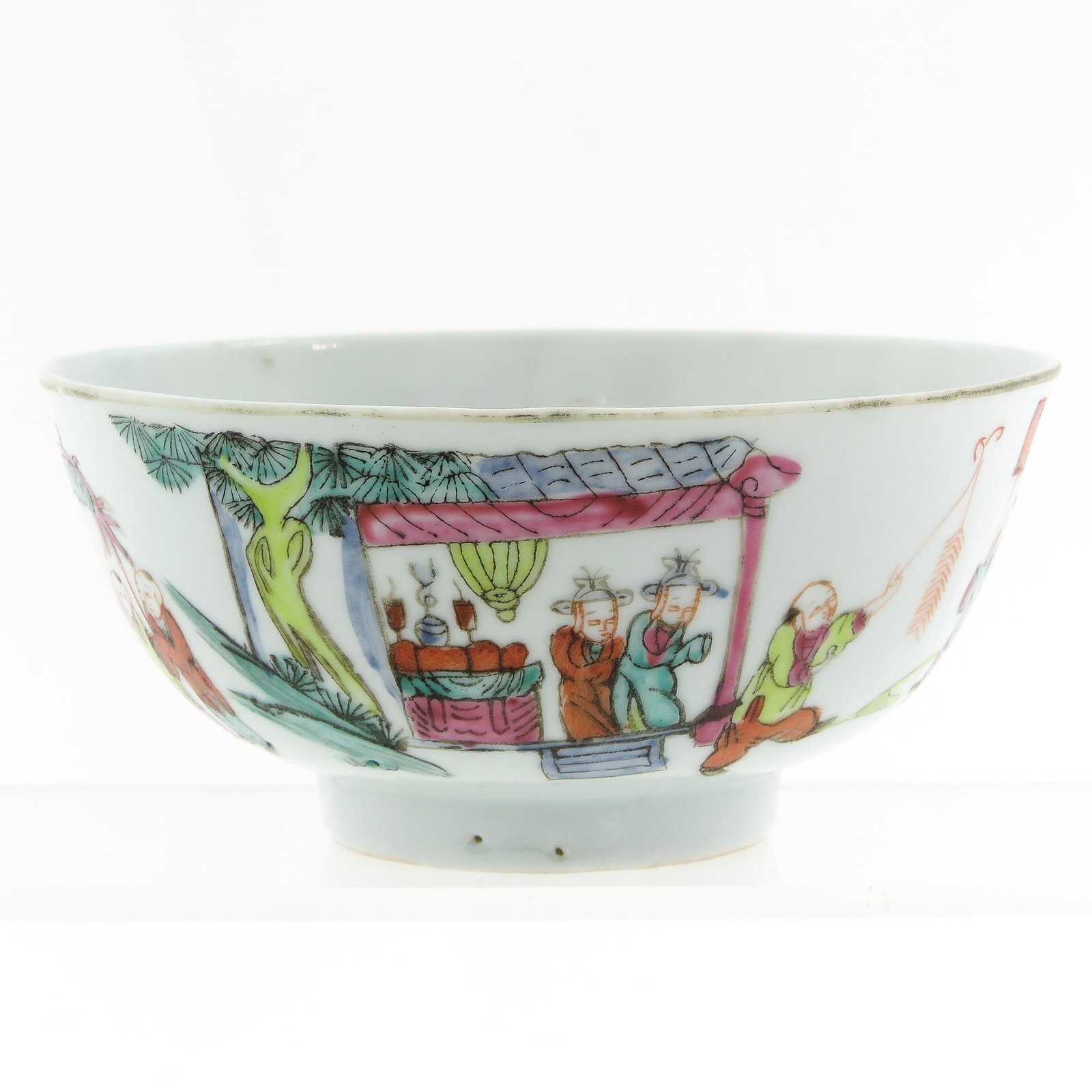 A Famille Rose Decor Bowl: Decorated with gathering of Chinese boys, marked with seal mark, 12 cm. in diameter.