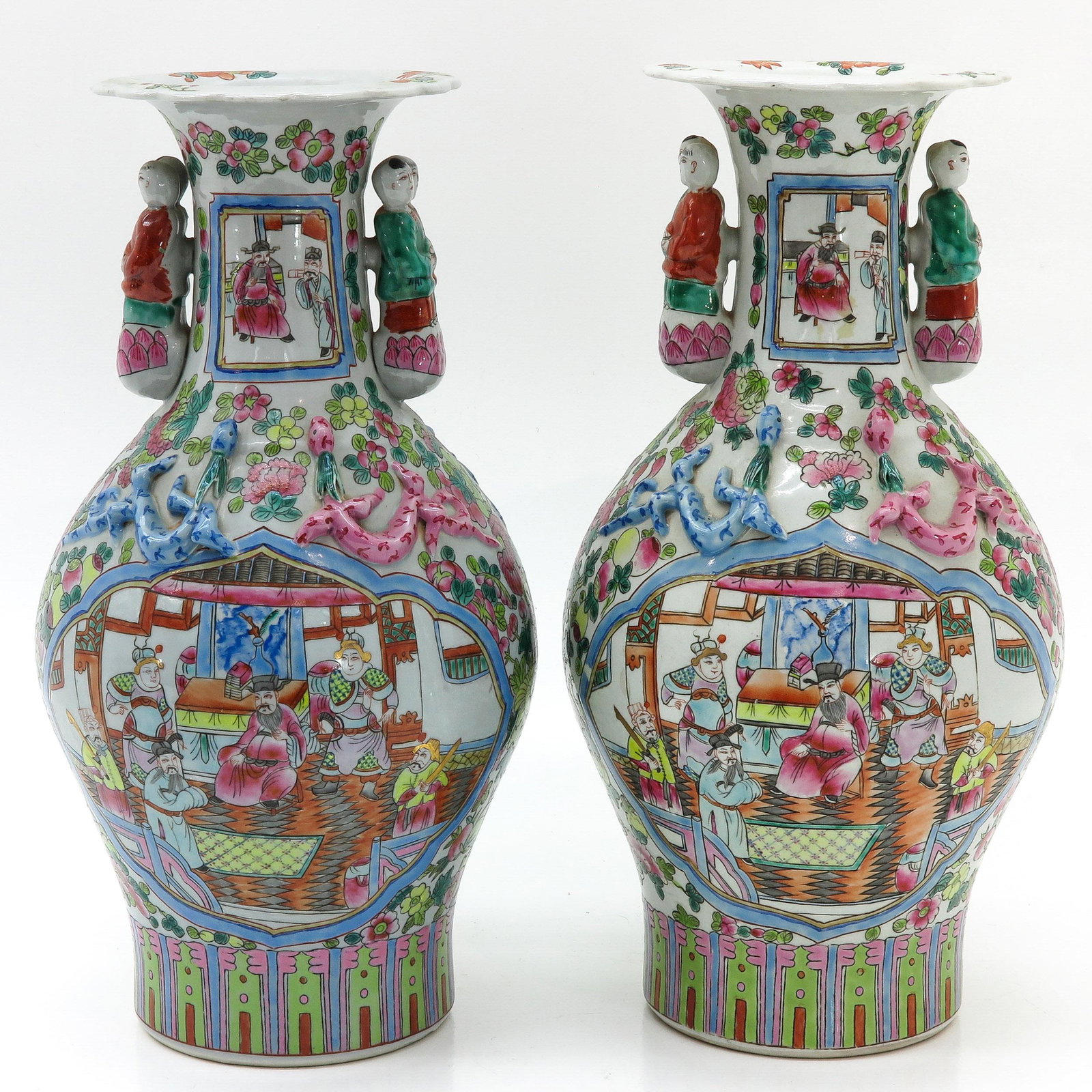 A Pair of Vases: Polychrome decor, 42 cm. tall.