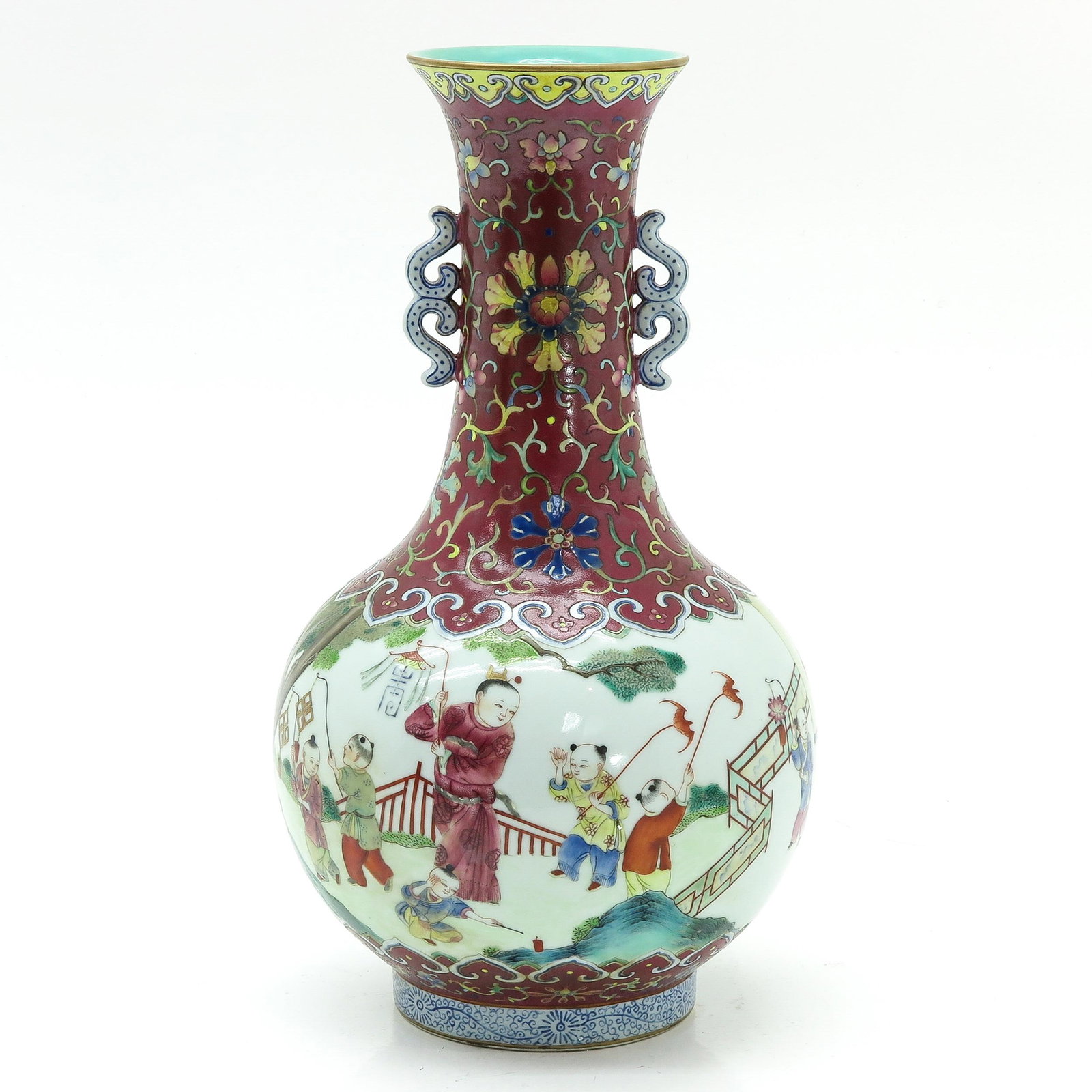 A Famille Rose Vase: Depicting Chinese children in garden, Jiaqing mark, 33 cm. tall.