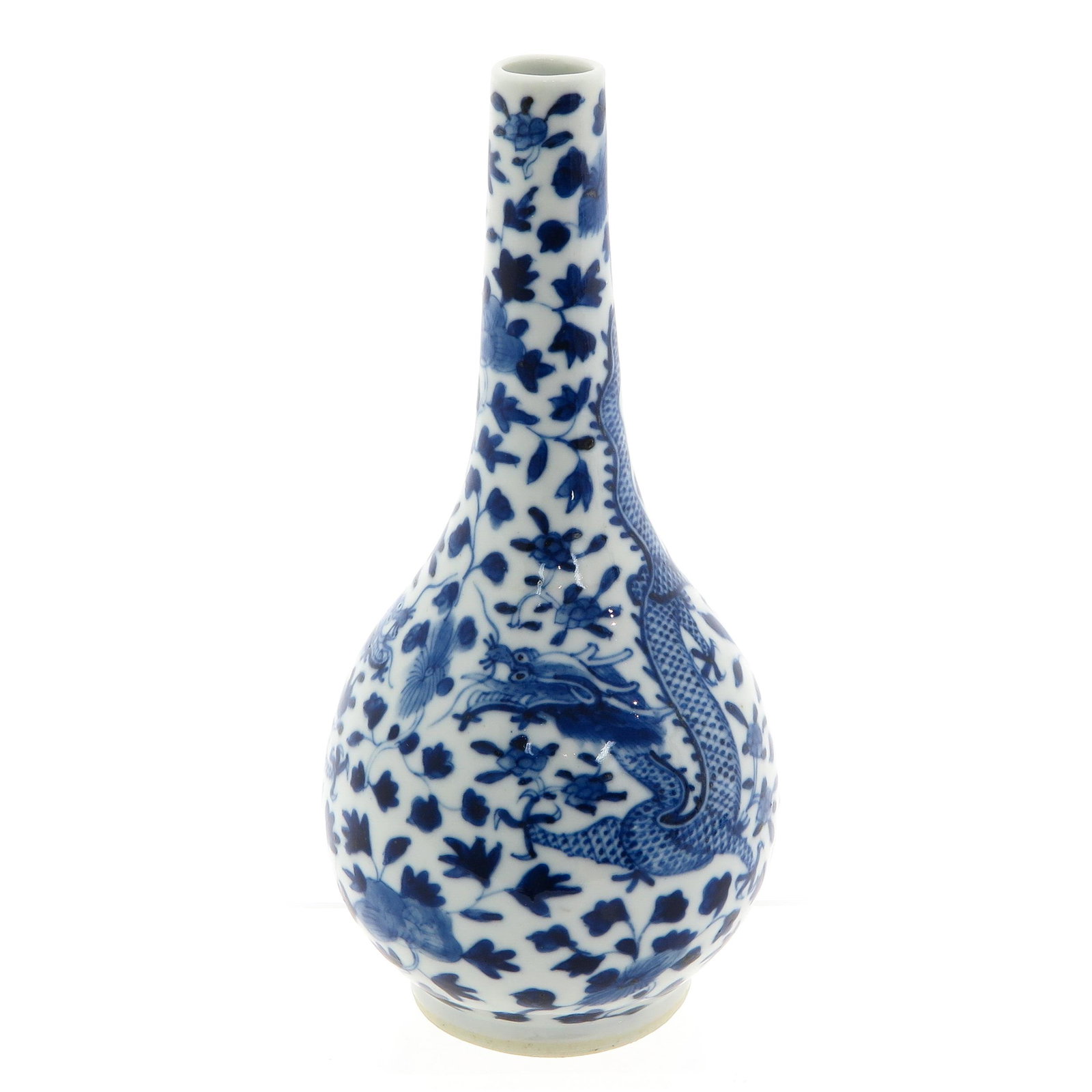 A Blue and White Vase: Decorated with dragons and florals, 21 cm. tall.