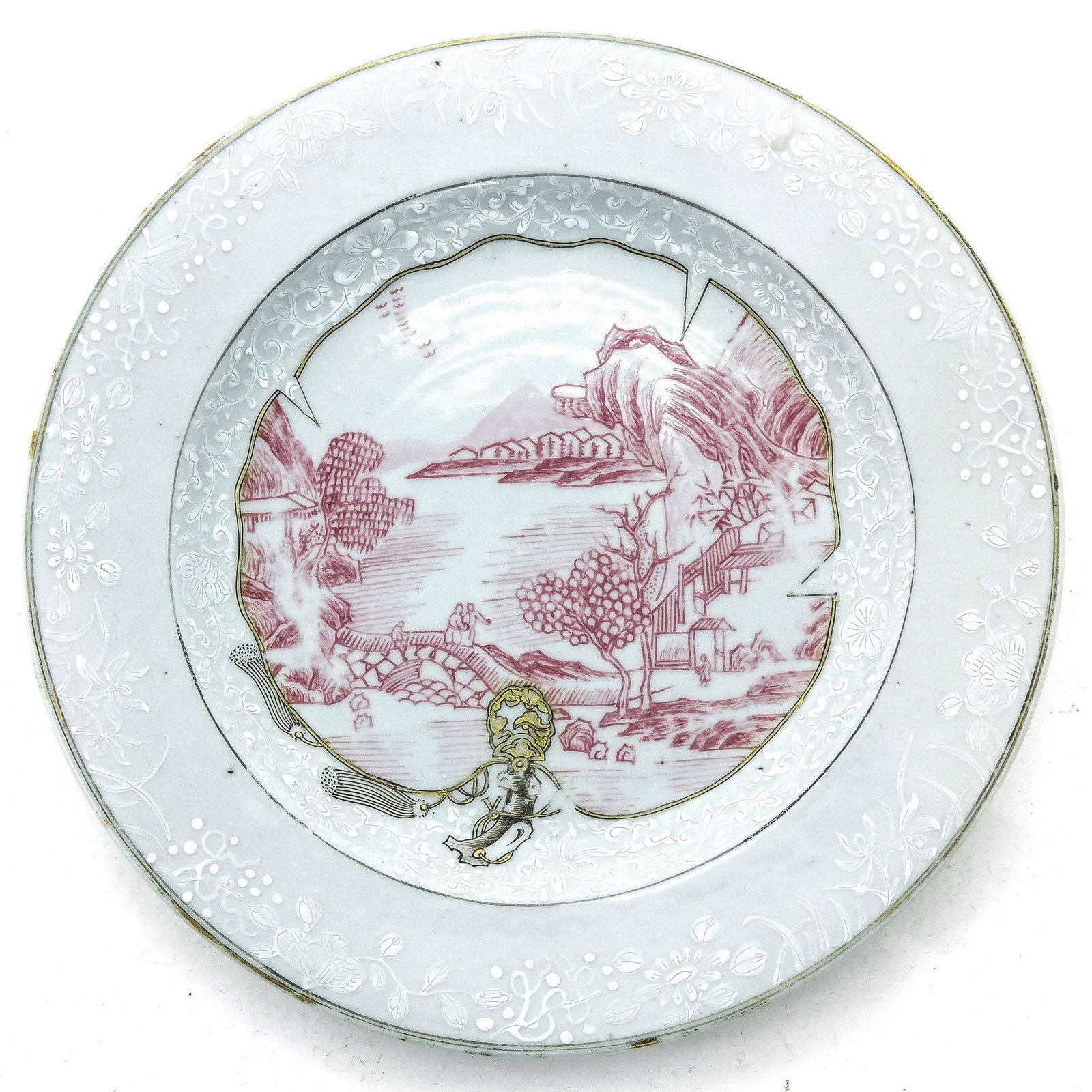 A Pink Decor Plate: 18th Century, landscape decor with raised enamels on border, 23 cm. in diameter.