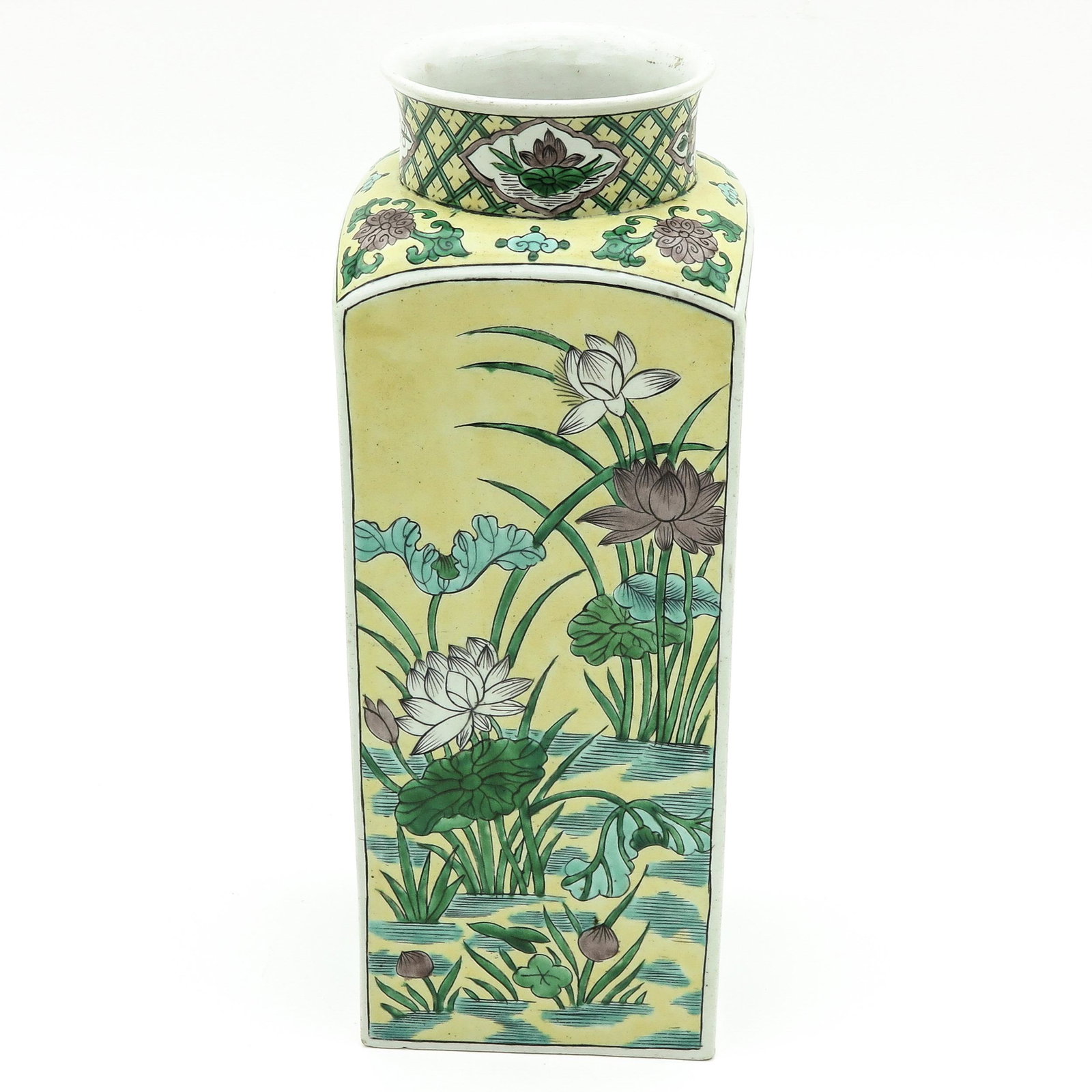 A Square Vase: Yellow ground with decor of water lillies and flower blossoms, 30 cm. tall.