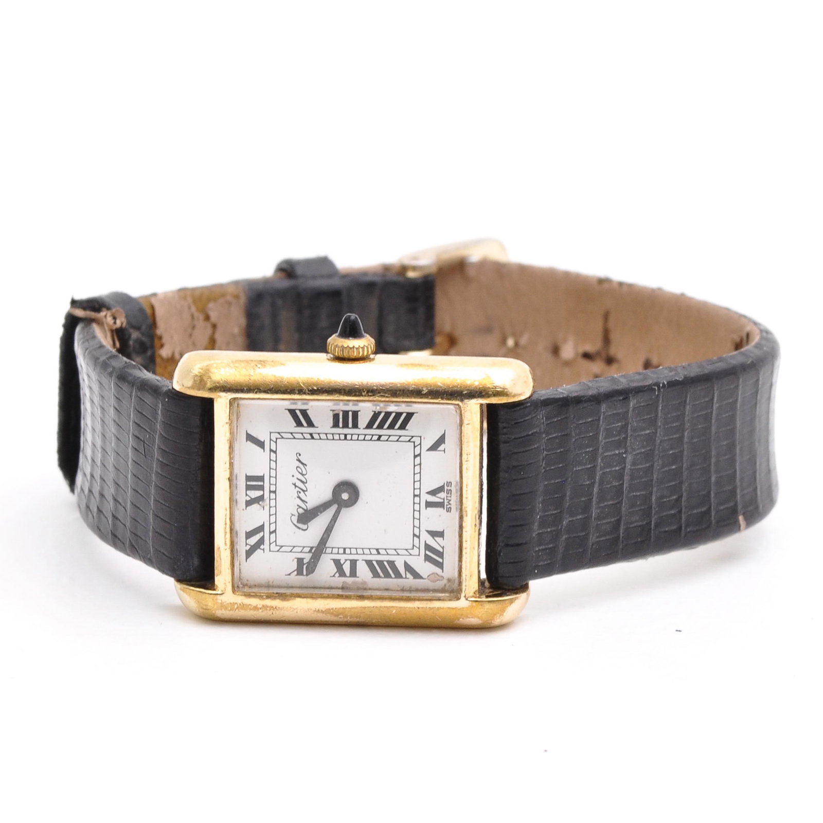 A Ladies Cartier Watch: On leather band, watch case is 21 mm. in diameter.