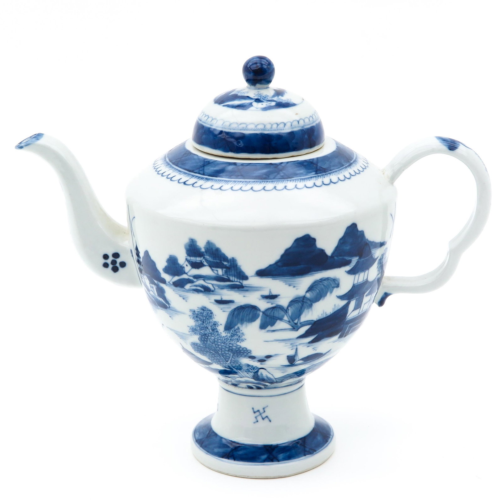 A BLue and White Teapot: Landscape decor, 24 cm. tall.