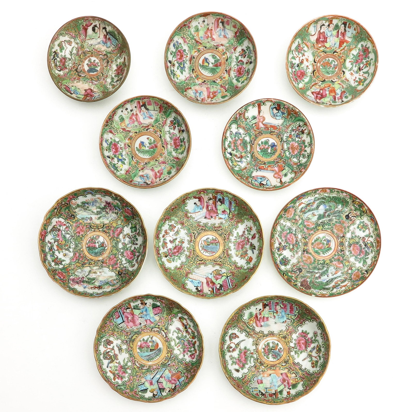 A Collection of 10 Small Cantonese Plates: Largest plate is 12 cm., in diverse conditions.