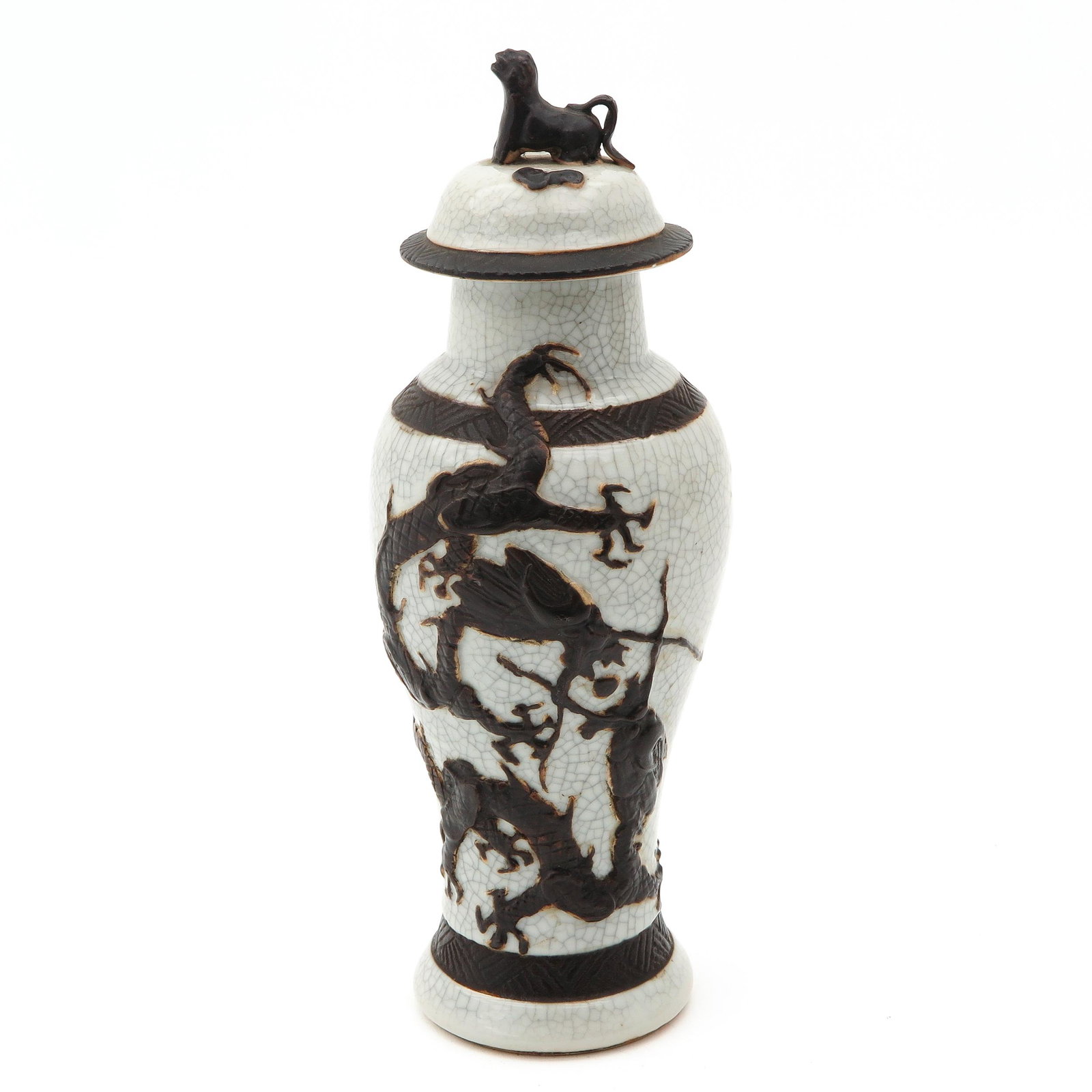 A Small Nanking Vase with Cover: Decorated with dragons, 28 cm. tall, chip on cover.