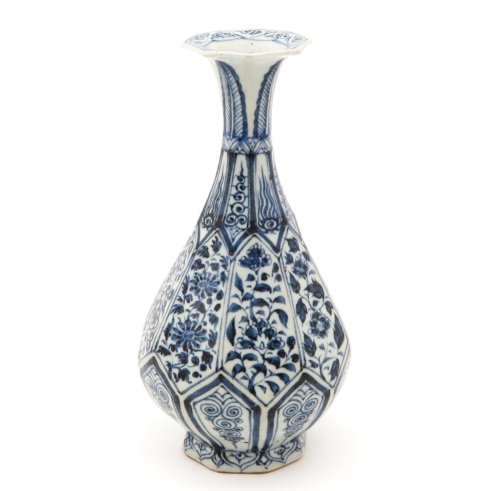 A Blue and White Vase: Floral decor, 27 cm. tall. chip on rim.