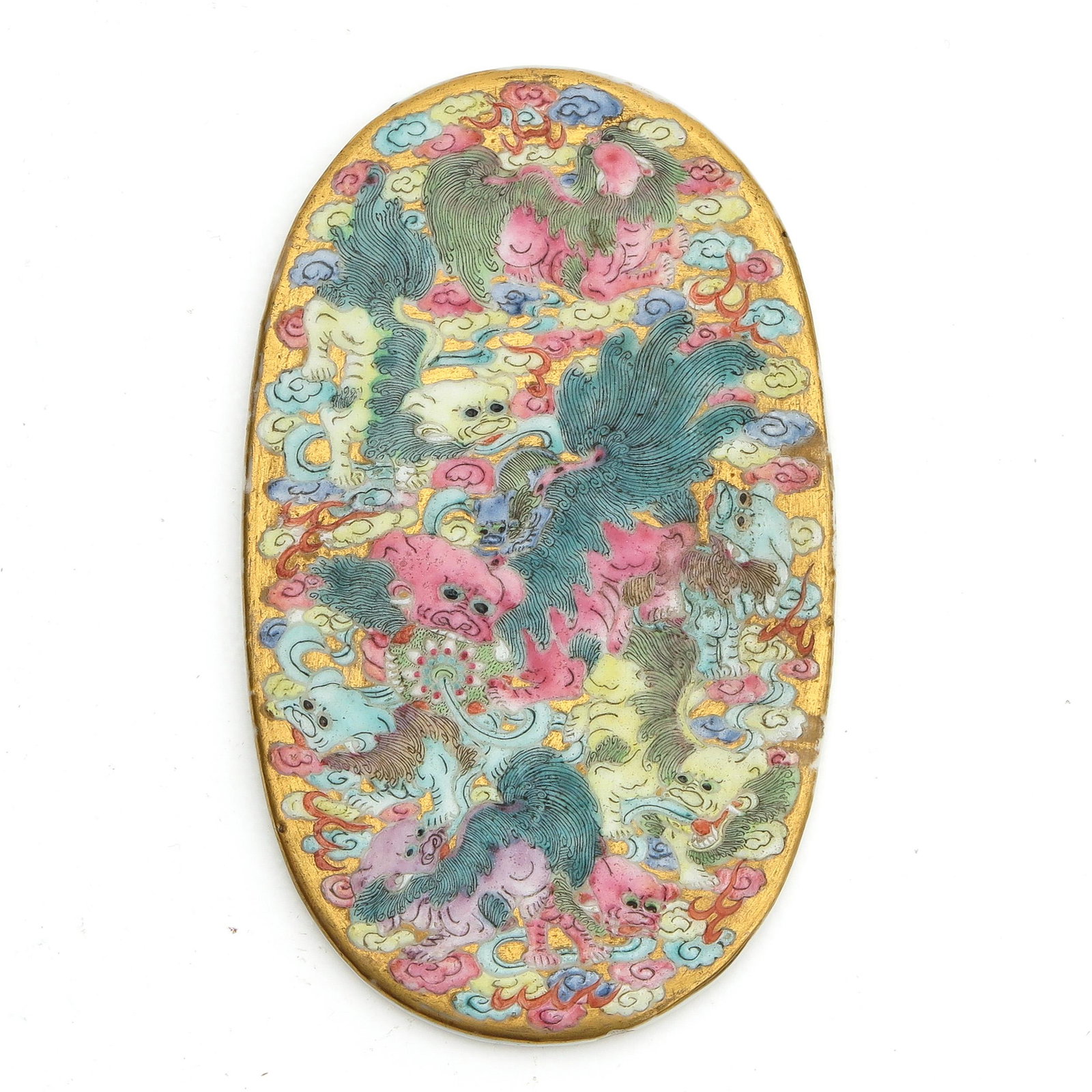 A Famille Rose Plaque: Dragon decor, 14 cm. long.