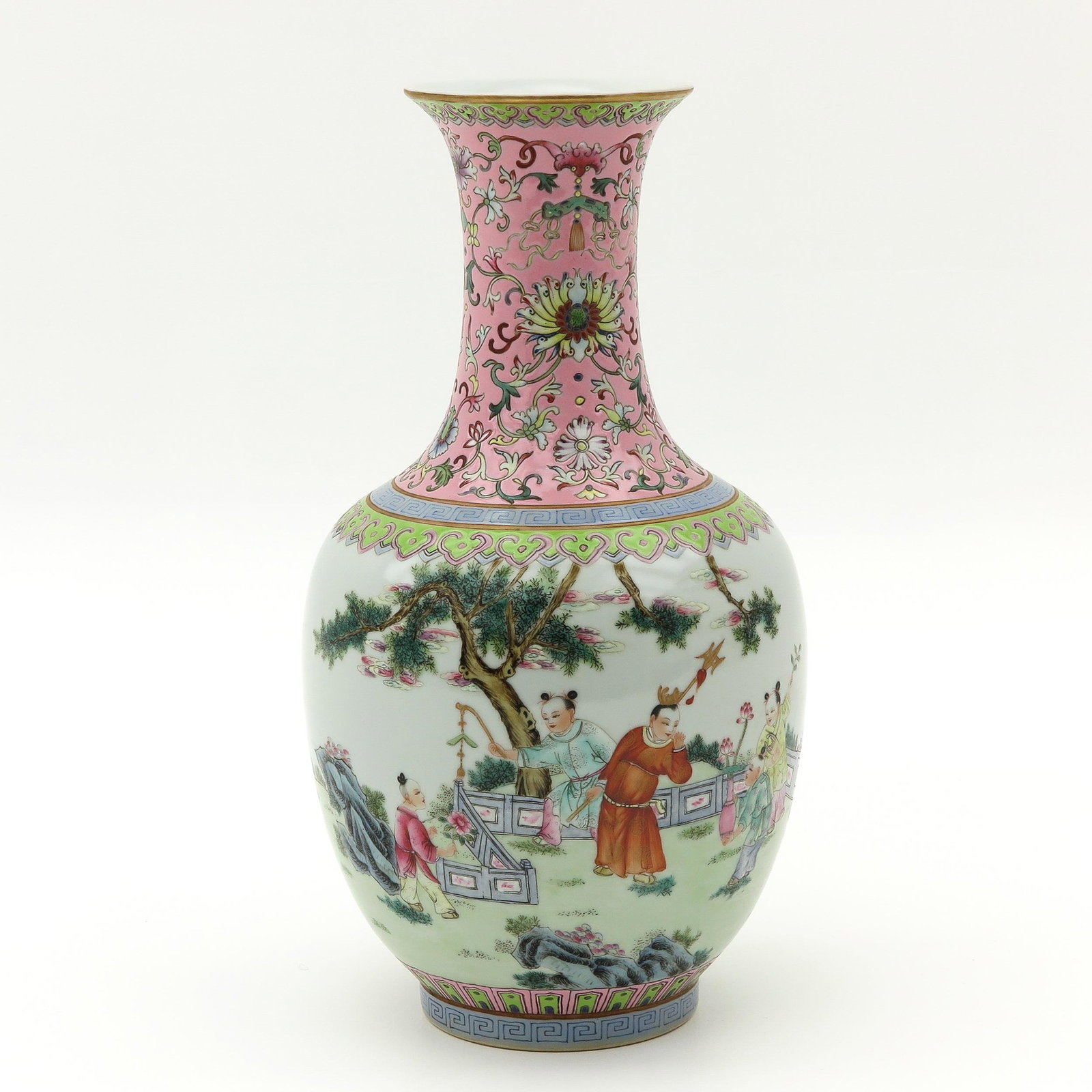 A Famille Rose Vase: Depicting gathering of Chinese figures in garden, Jiaqing Mark, 30 cm. tall.