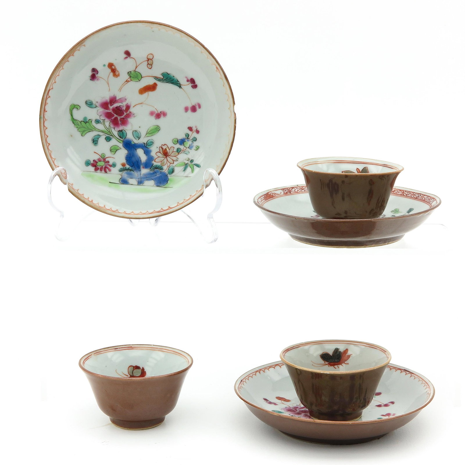 A Set of 3 Cups and Saucers: Famille Rose decors, saucers are 12 cm. in diameter, chip.