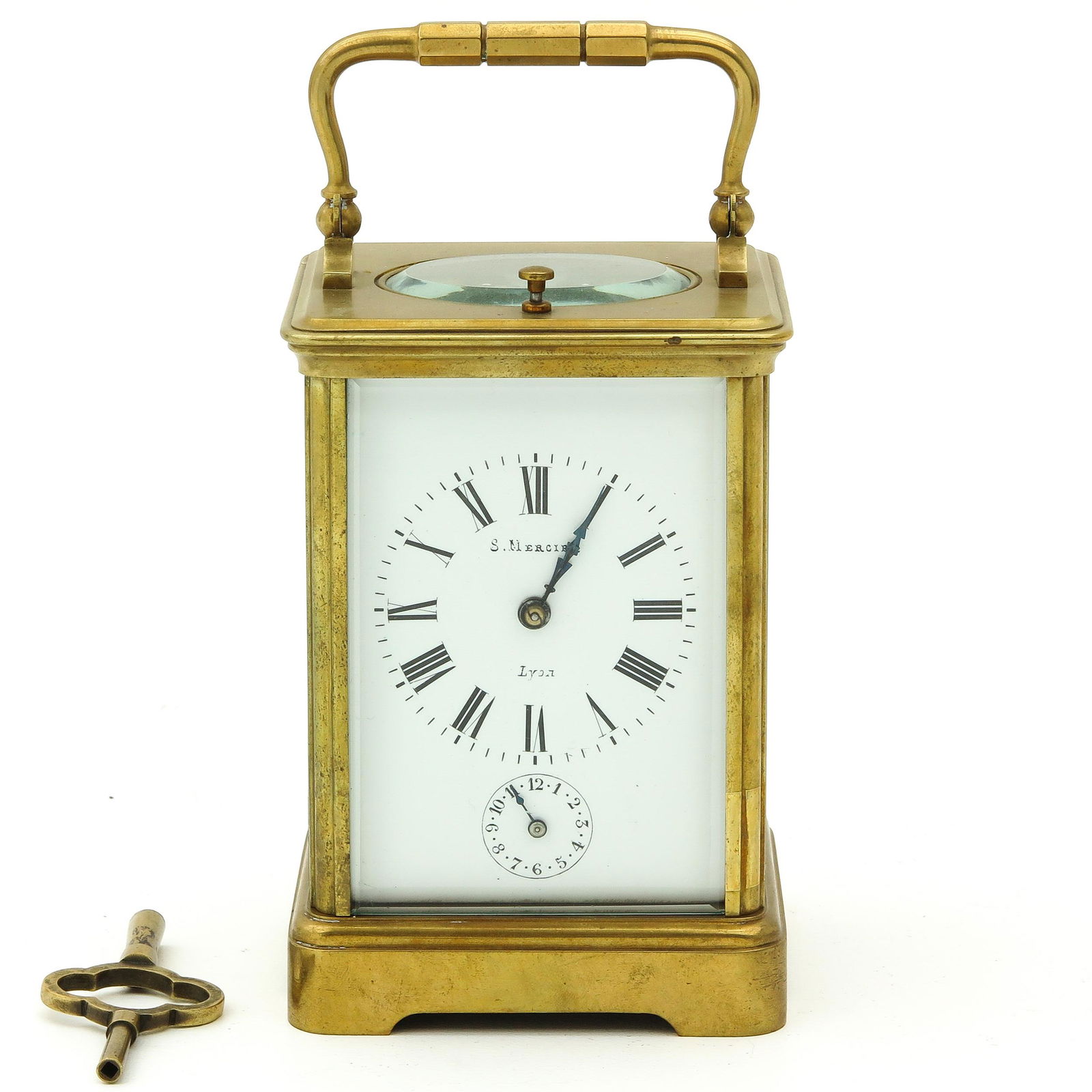 Carriage Clock: with alarm clock, striking mechanism and repetition, grand sonnerie, English anchor escapement, S. Mercier Lyon on the dial, France, ca. 1880, height 14 cm.