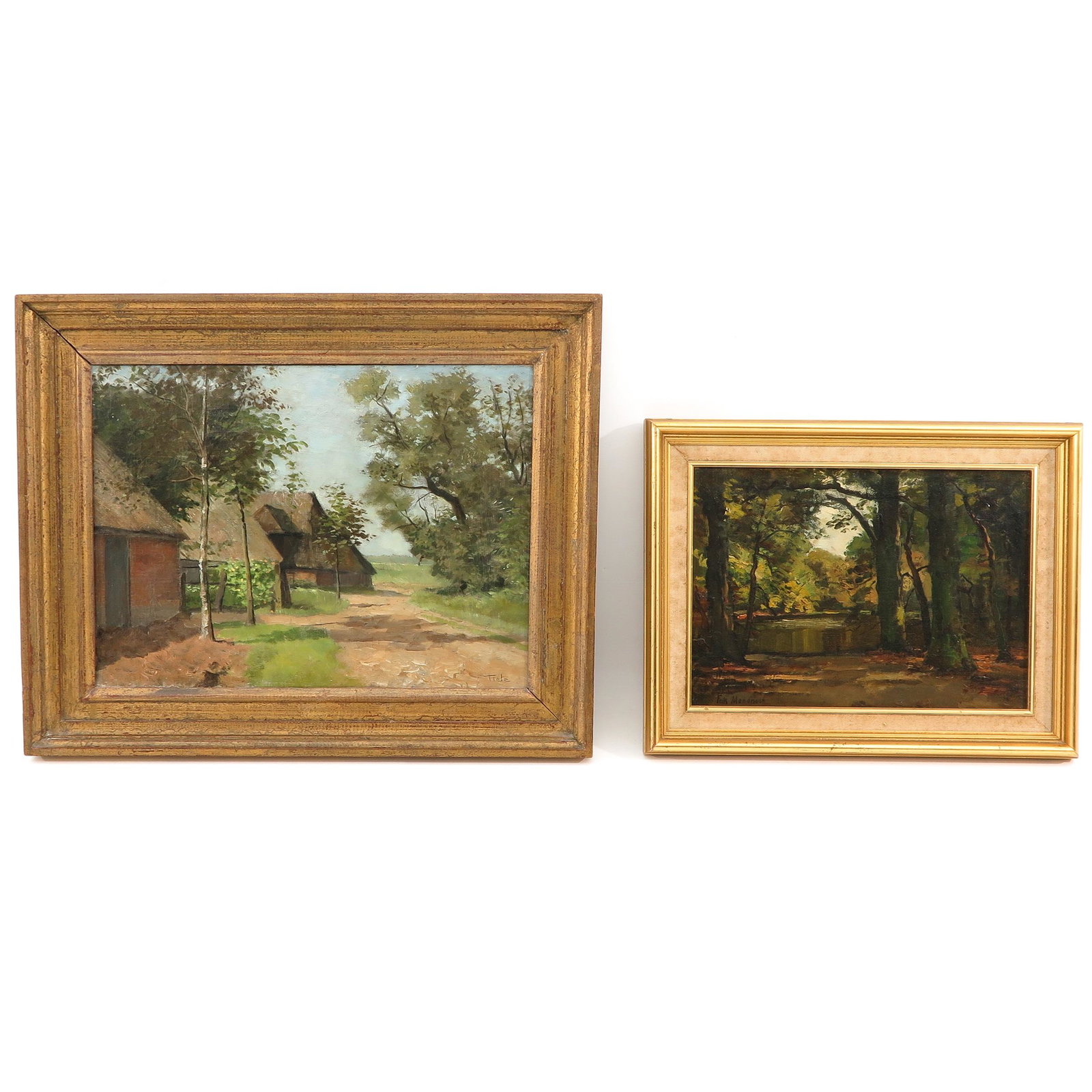 A Lot of 2 Paintings: Including oil on canvas, depicting a forest scene, signed Frits Mondriaan, 42 x 30 cm. and oil on canvas, depicting a farm, signed Tiele, 50 x 37 cm.