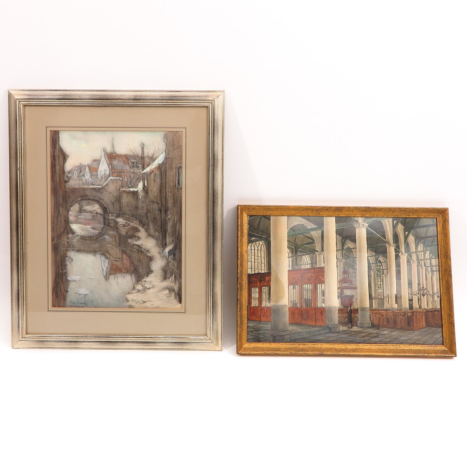 A Lot of 2 Works of Art: Including chalk drawing, depicting Den Bosch, signed Frans Slager, 34 x 46 cm.
