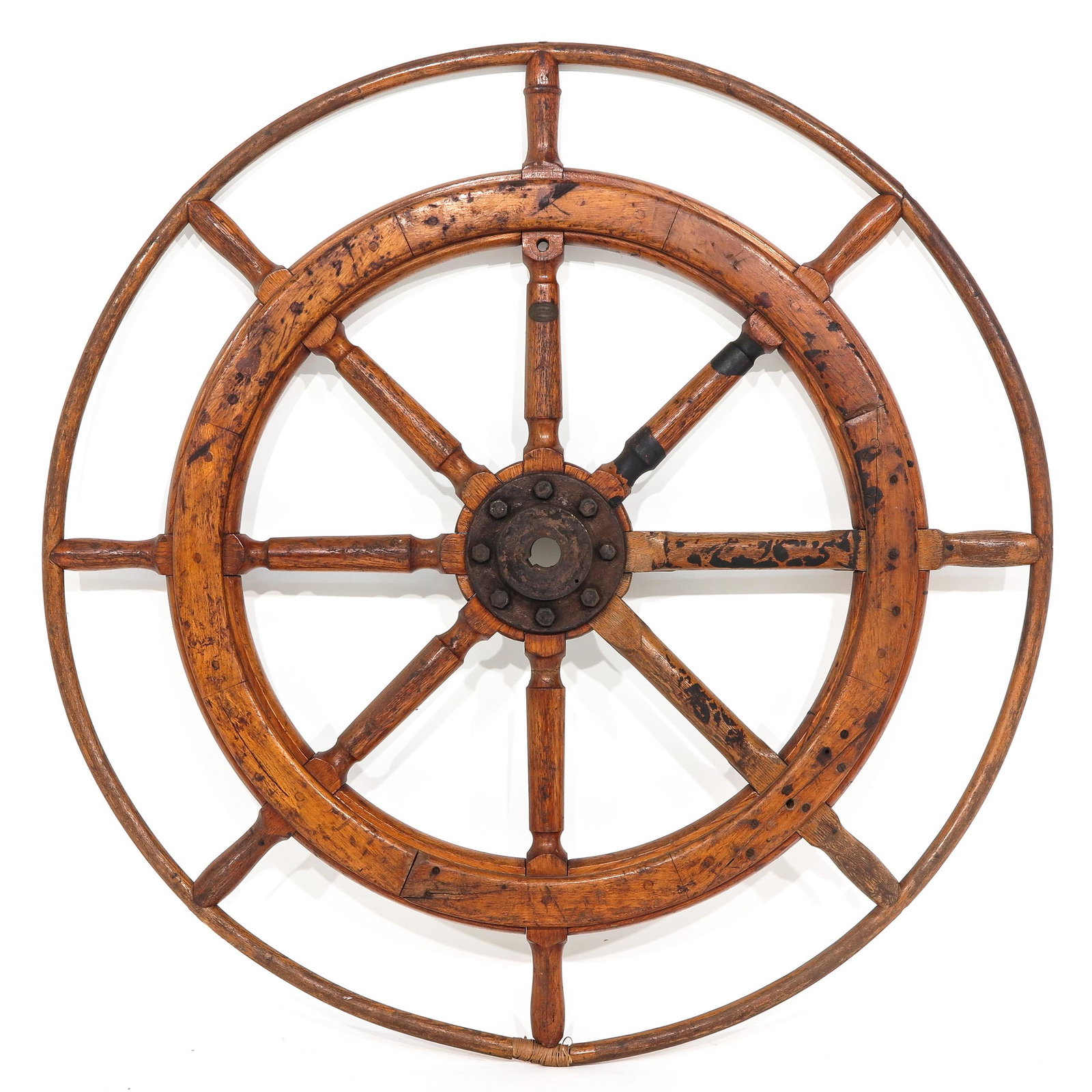 A Ship Steering Wheel: wood, diameter 130 cm.
