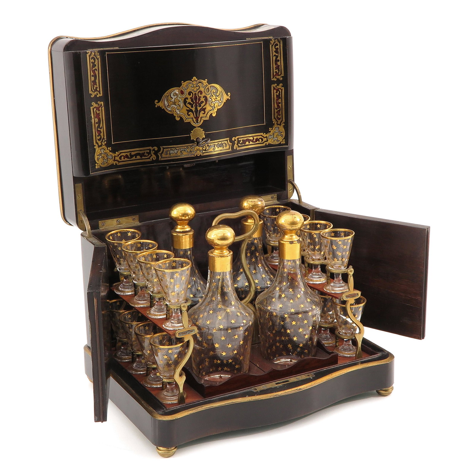 A Liquor Cellar: 19th century, inlaid with copper, height 27 cm.
