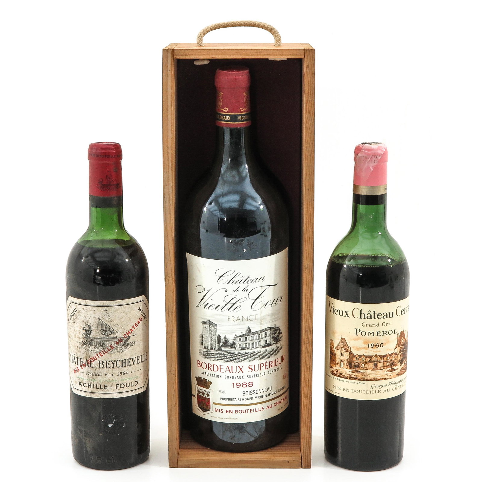 A Collection of Vintage Wine: 3 bottles of wine, consisting of Chateau de la Vieitte Tour Bourdeaux, 1988, Vieux Chateau Certan Grand Cru Pomerol, 1966 and Chateau Beychevelle Grand Vin 1964.