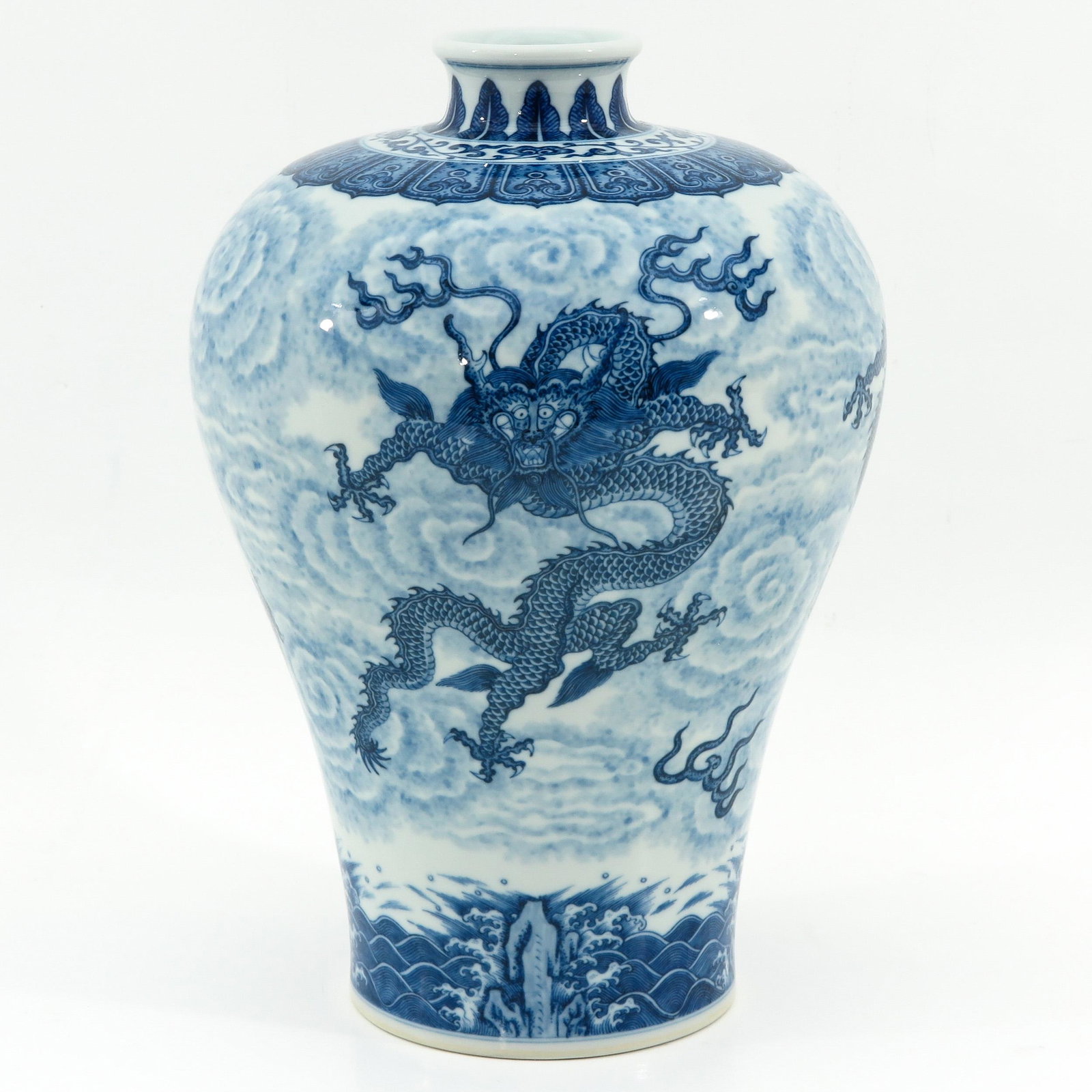 A Blue and White Meiping Vase: Depicting 5 clawed dragon and clouds,Yongzheng mark, 33 cm. tall.