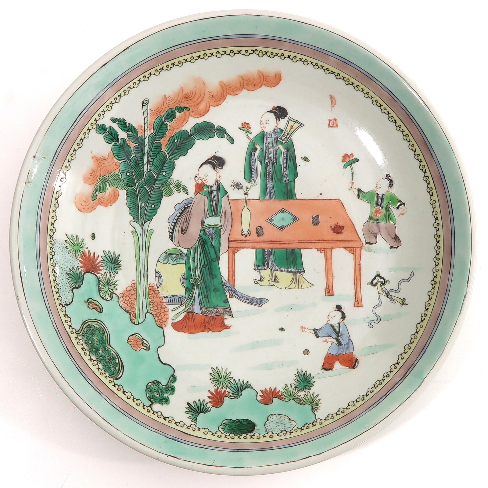 A Famille Verte Charger: Decorated with Chinese figures in garden, 38 cm. in diameter.