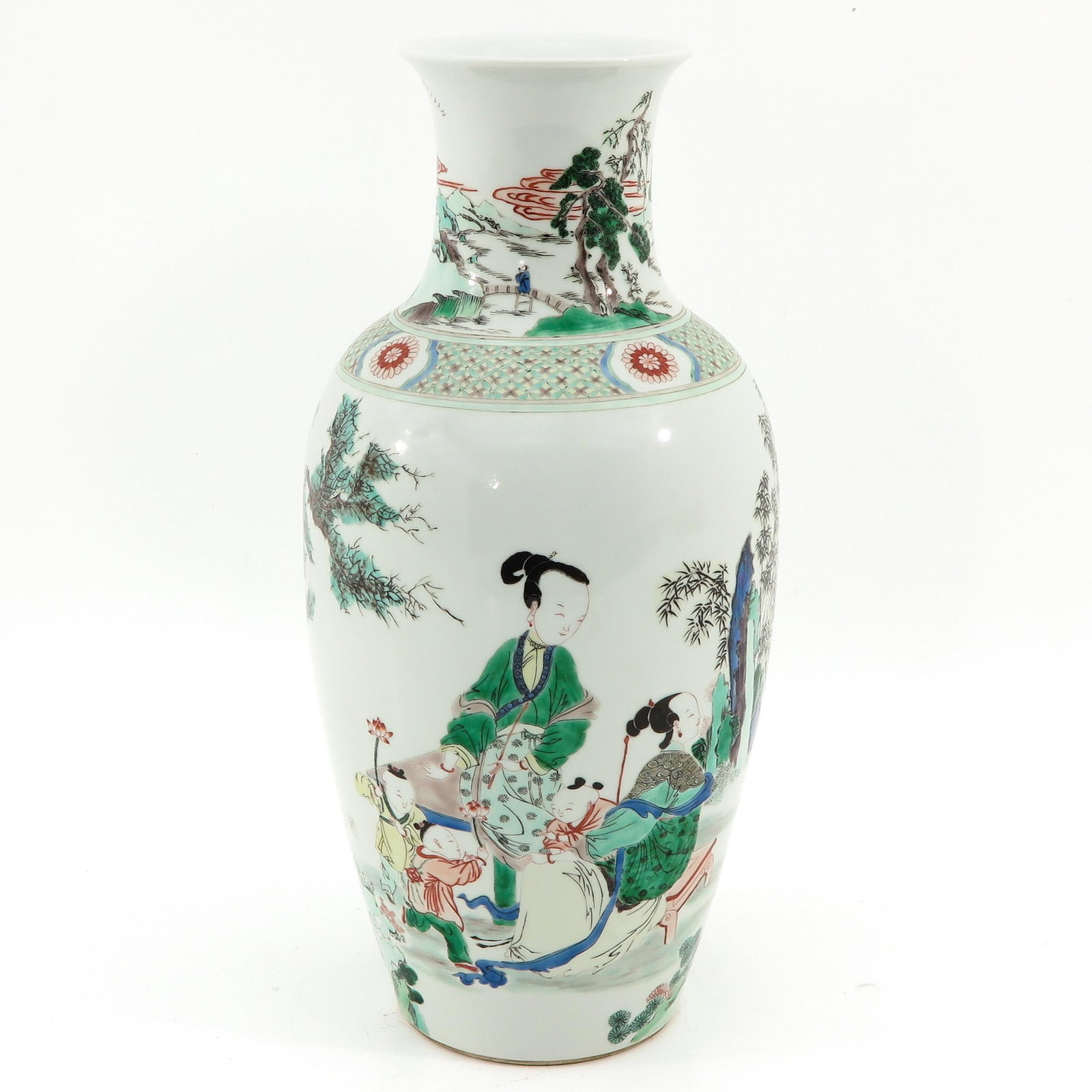 A Famille Verte Vase: Depicting Chinese figures in garden, 46 cm. tall.