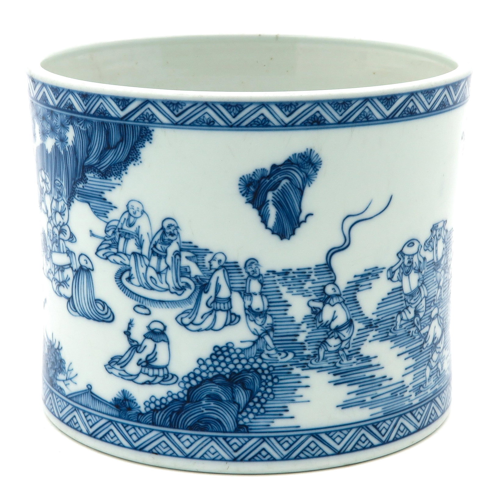 A Blue and White Brush Pot: Depicting Chinese figures in diverse landscapes, Kangxi mark, 16 cm. tall.