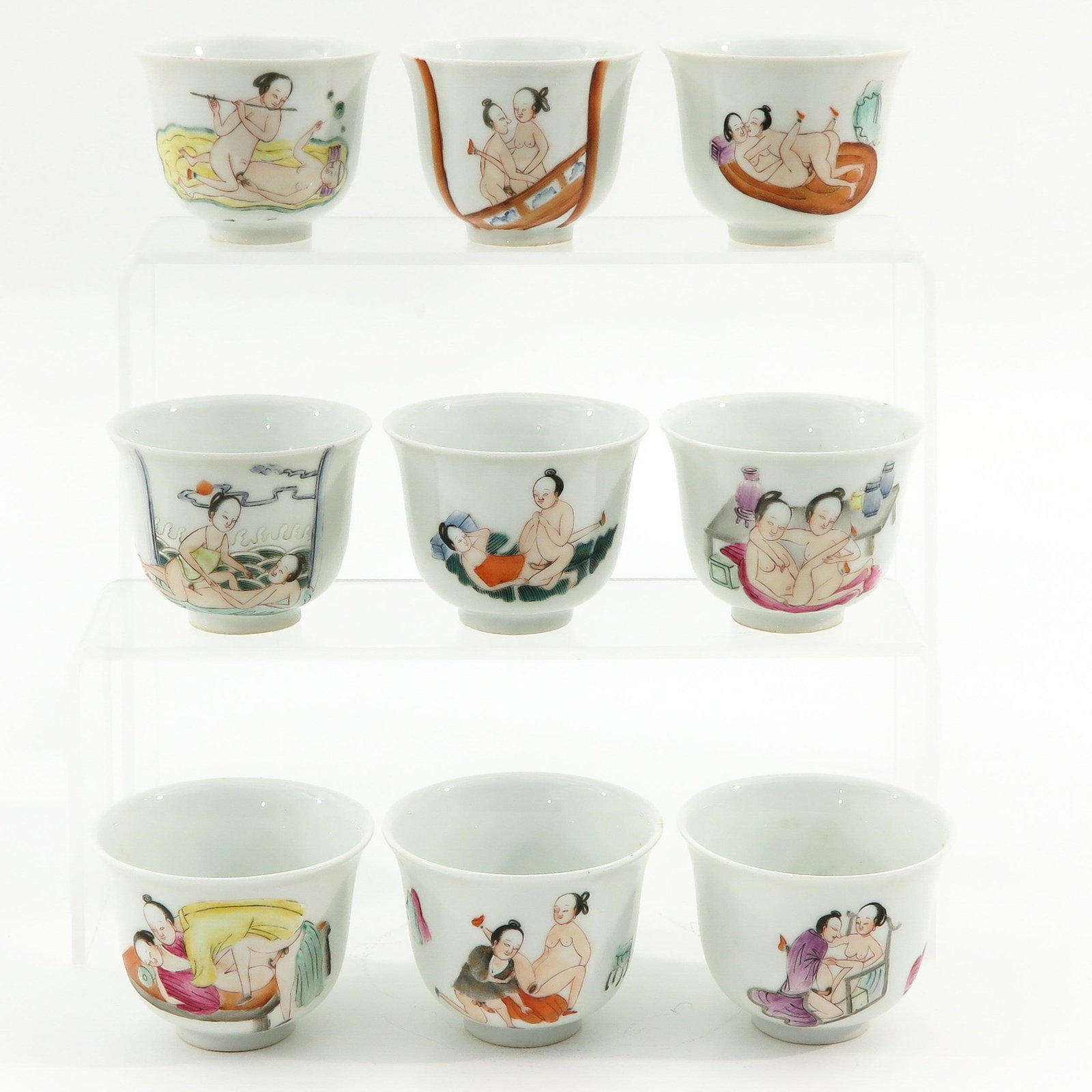 A Collection of 9 Famille Rose Cups: Decorated in diverse erotic scenes, 8 cm. in diameter
