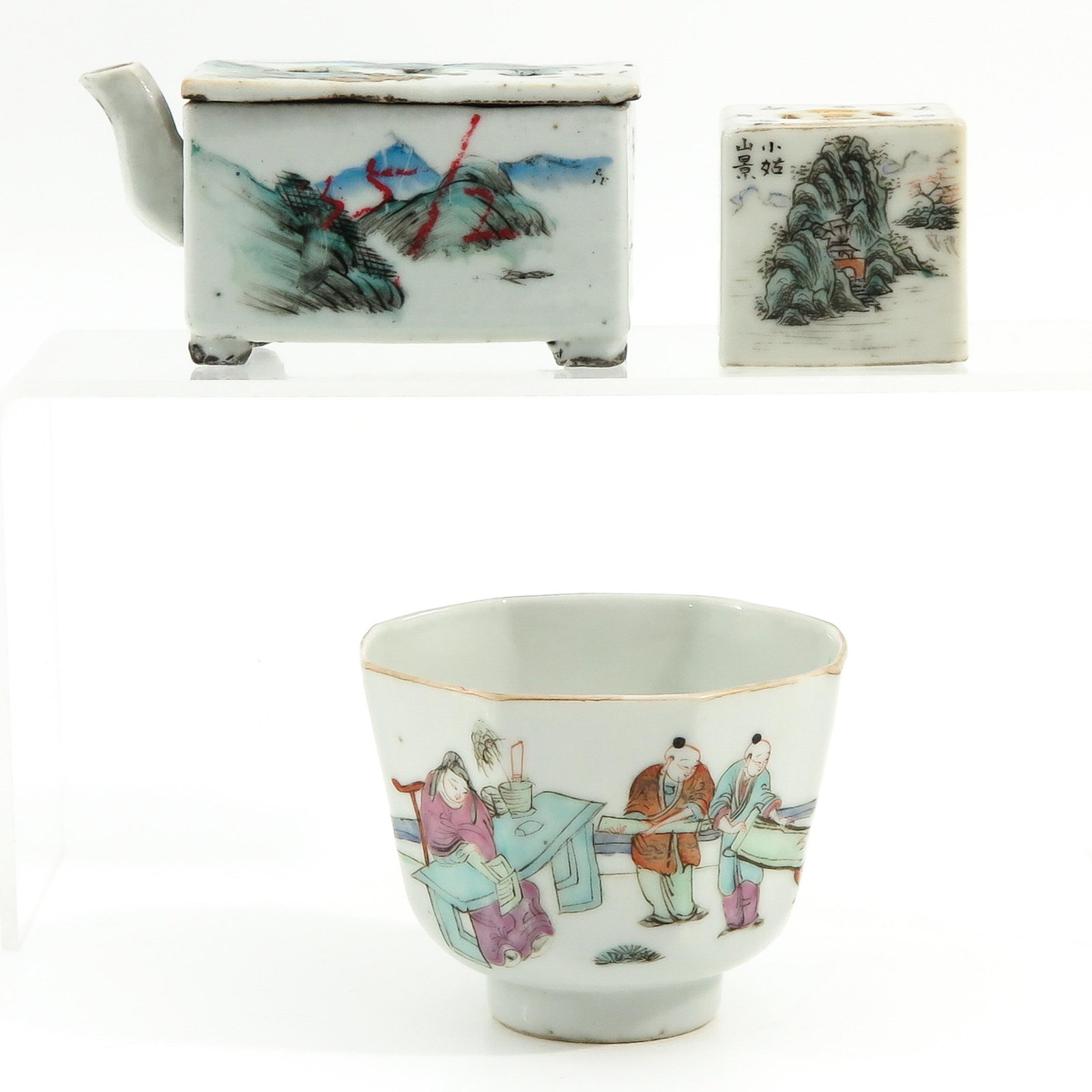 A Collection of Porcelain: Qianjiang Cai decor, including cup, brush holder, and cover, cup is 4 cm. in diameter.