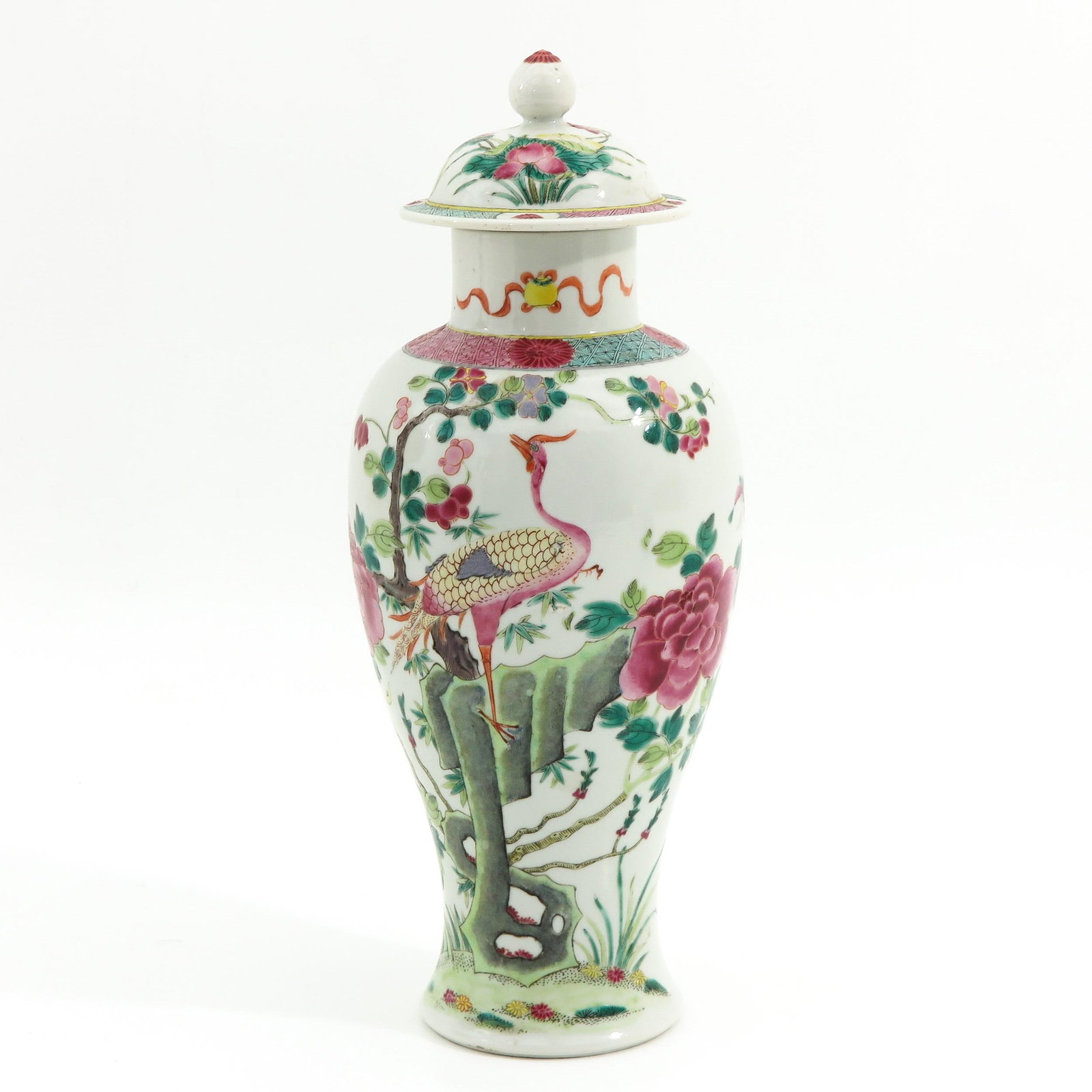 A Famille Rose Garniture Vase: Decorated with peacocks and flowers, 32 cm. tall.