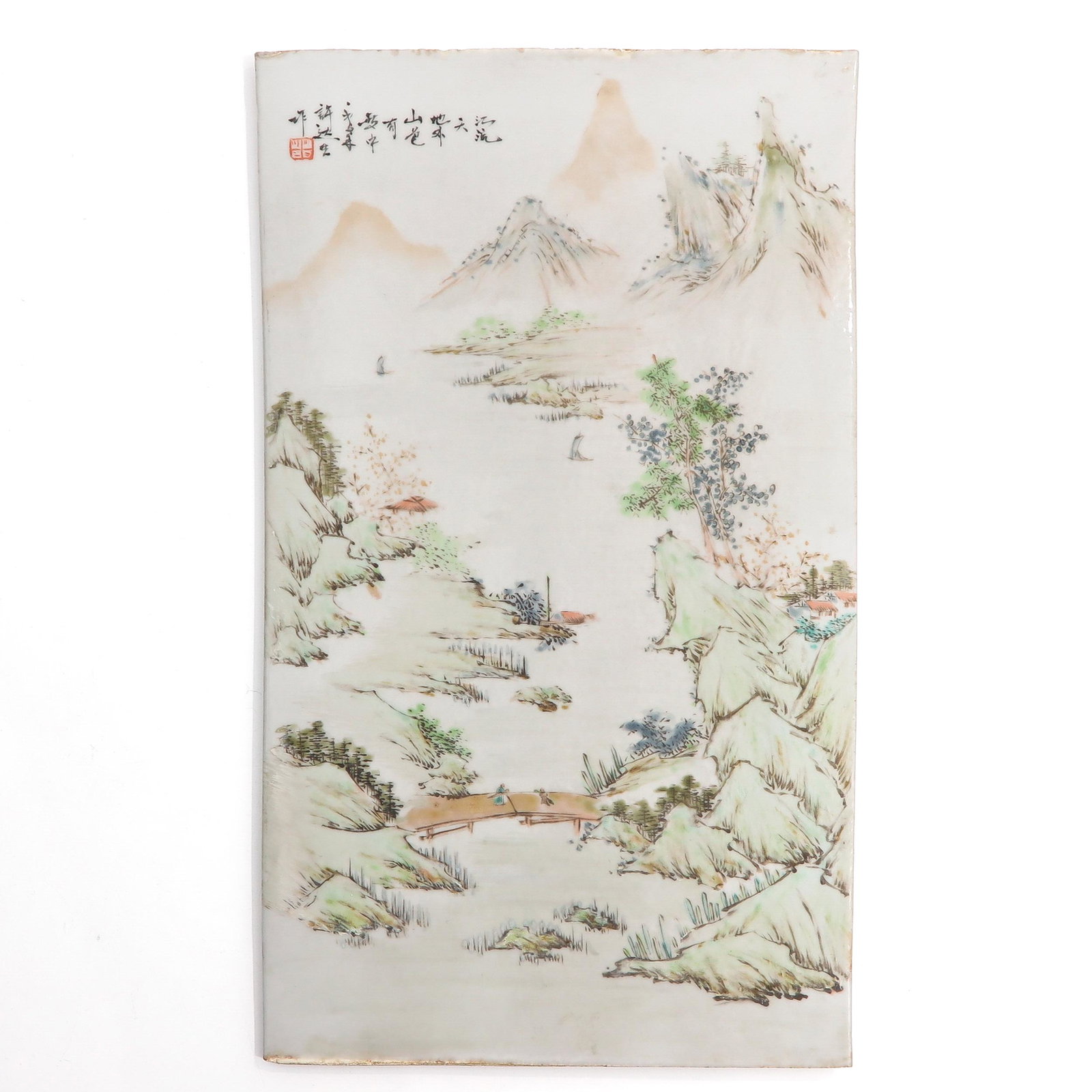 A Qianjiang Cai Decor Tile: Depicting landscape scene with Chinese text and seal mark, 55 x 32 cm.