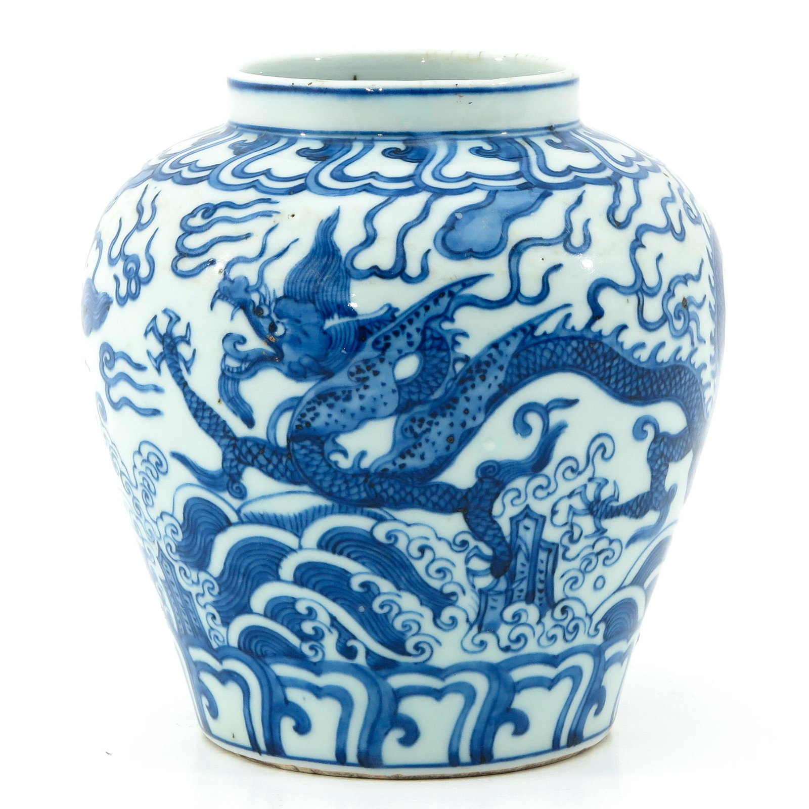 A Blue and White Vase: Depicting 5 clawed dragon and clouds, Jiaqing mark, 17 cm. tall.