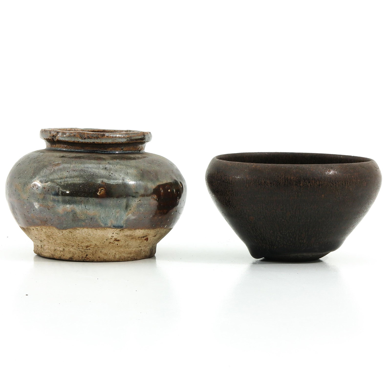 A Vase and Tea Bowl: Brown glaze vase is 9 cm. tall, hare fur decor tea bowl is 12 cm. in diameter.