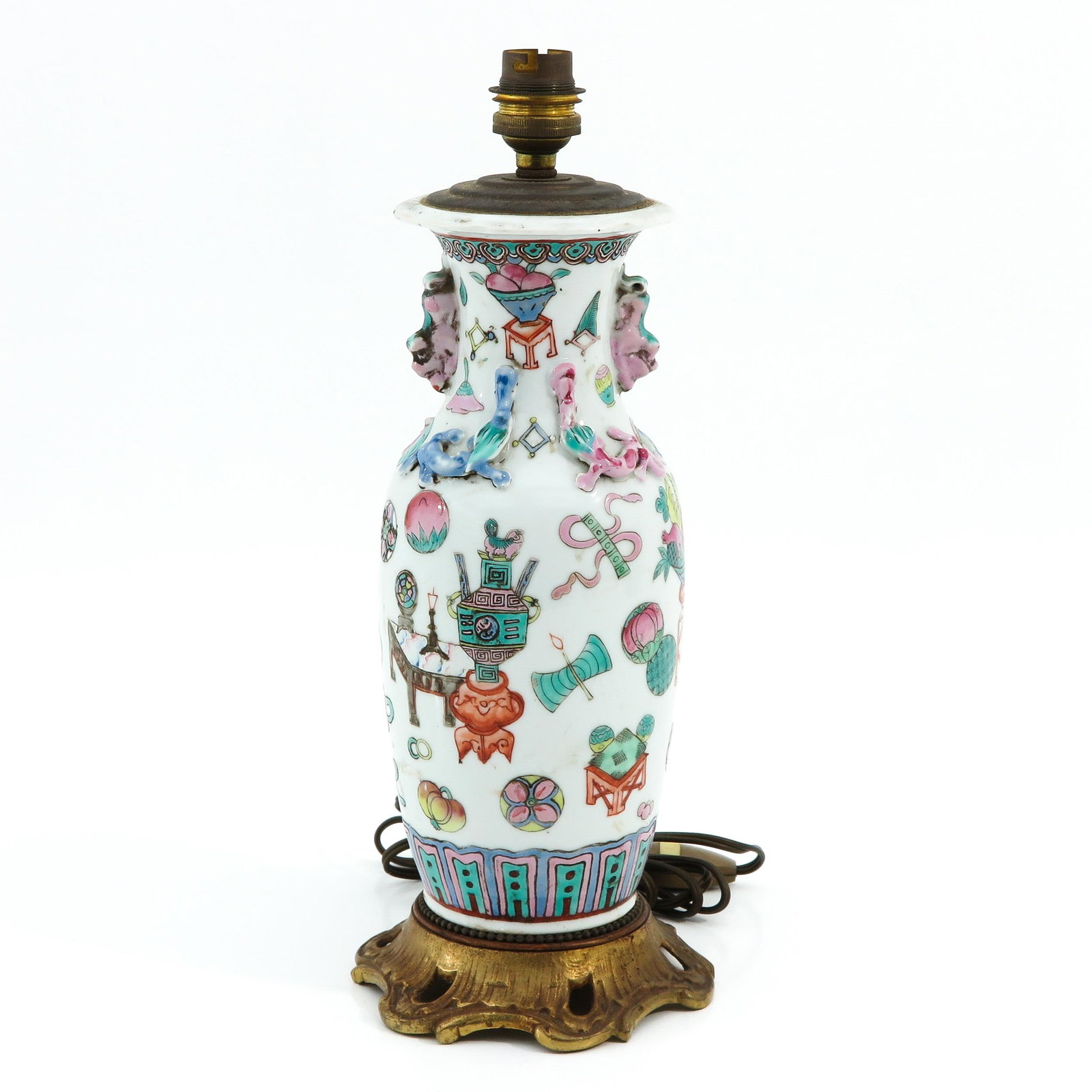 A Cantonese Porcelain Lamp: Converted from vase with bronze base, 25 cm. tall to top of vase.