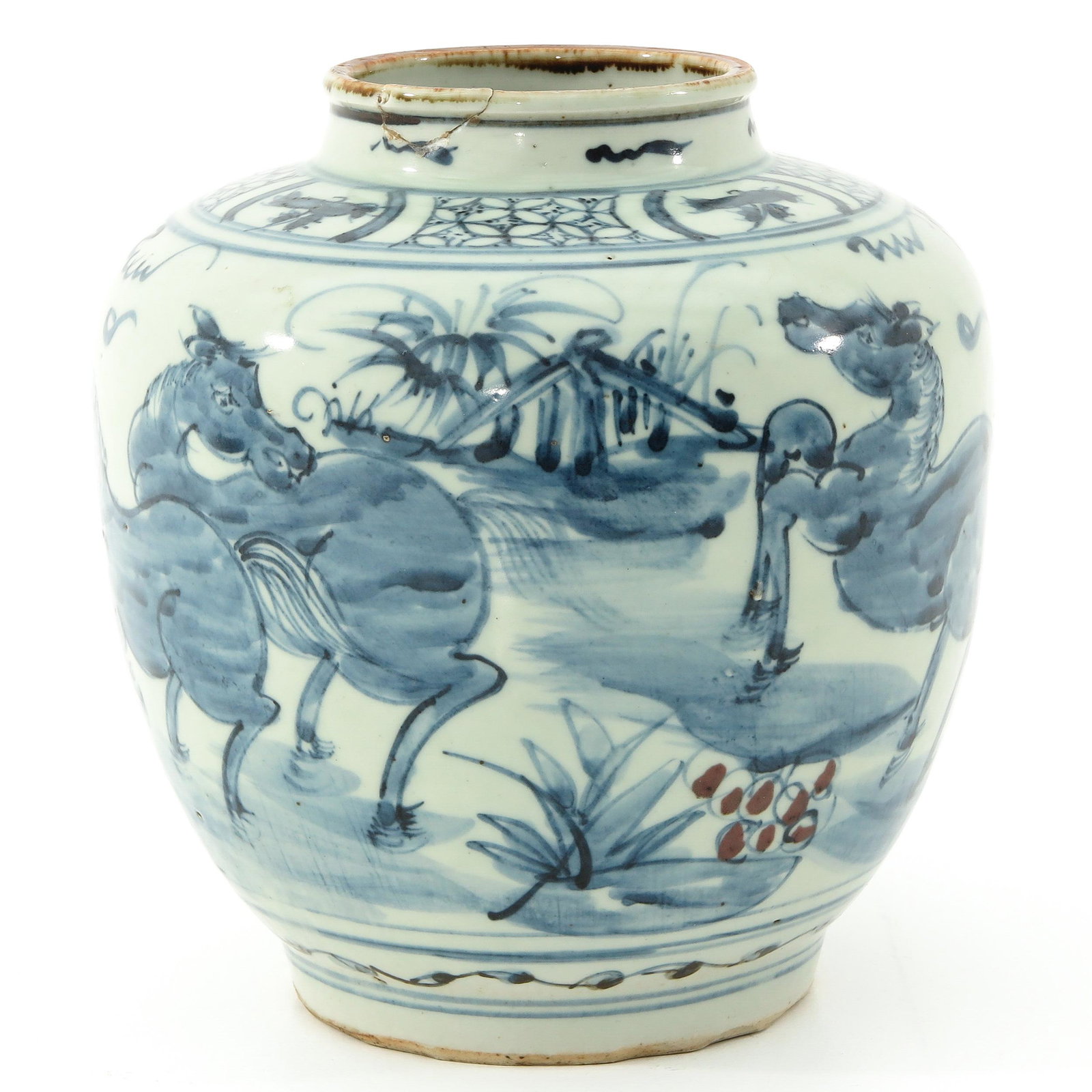 A Ming Period Vase: Decorated with horses in garden, 17 cm. tall, restoration on rim.