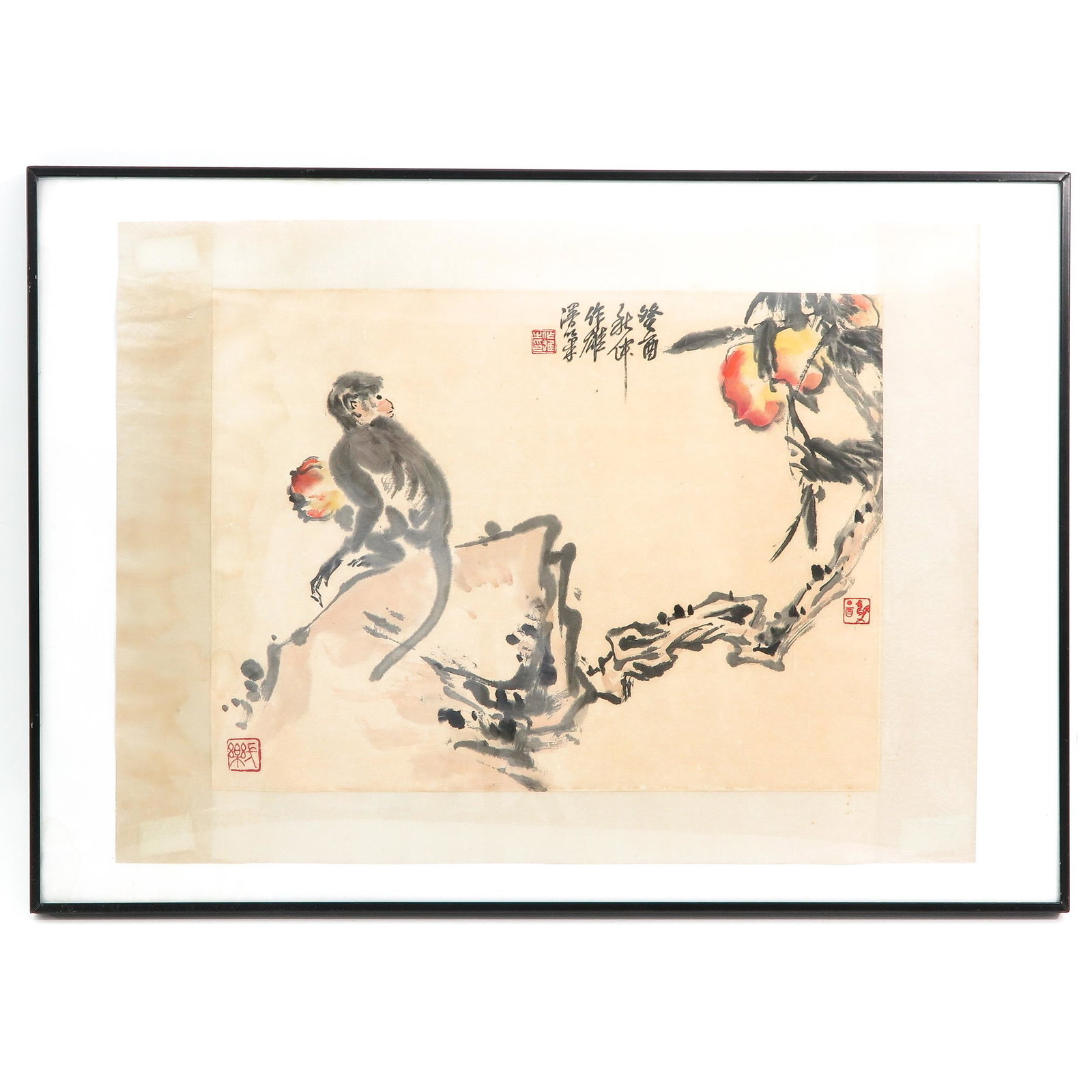 A Chinese Framed Work of Art: Depicting monkey in tree, 58 x 43 cm.