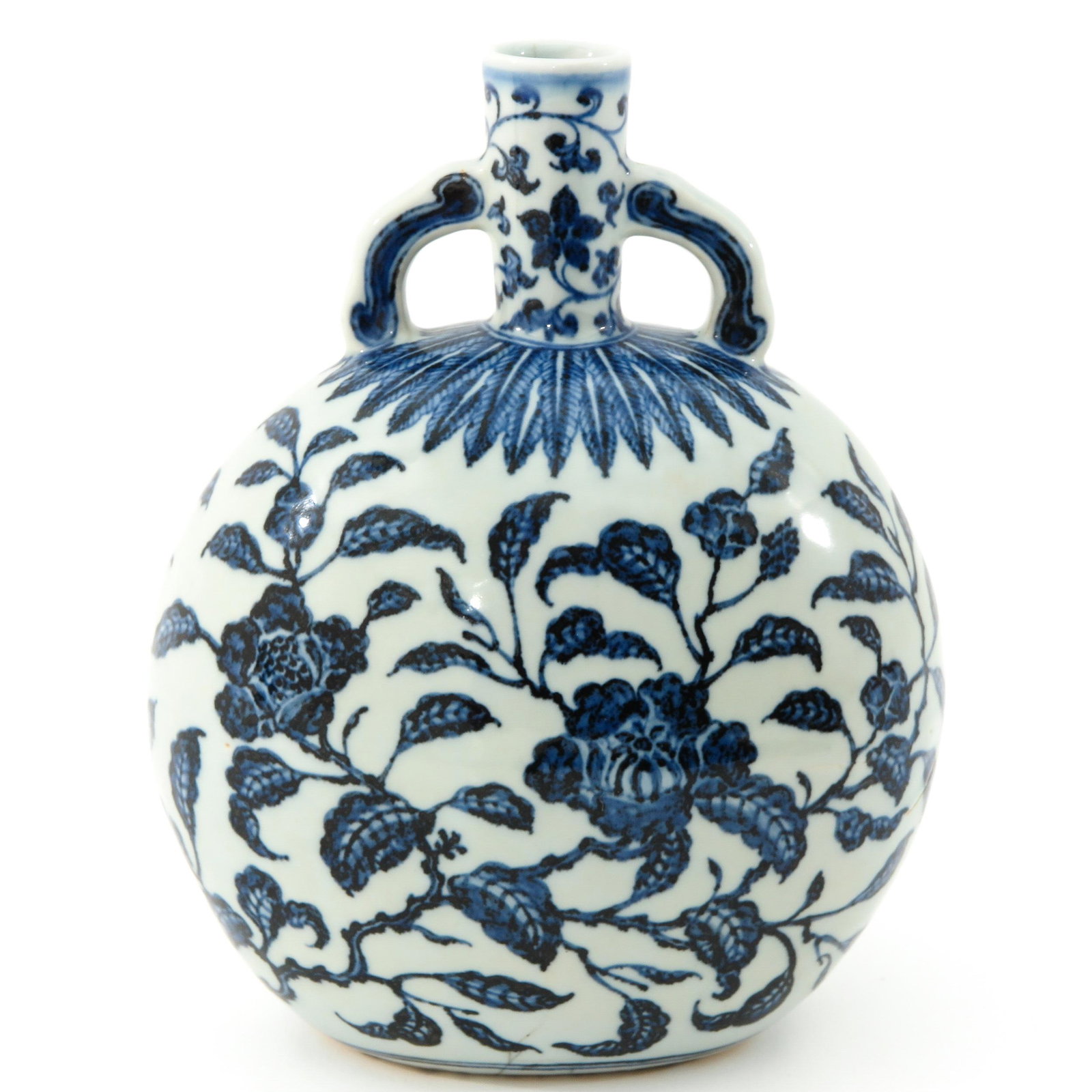 A Blue and White Moon Bottle: Floral decor, 28 cm. tall, hairline.