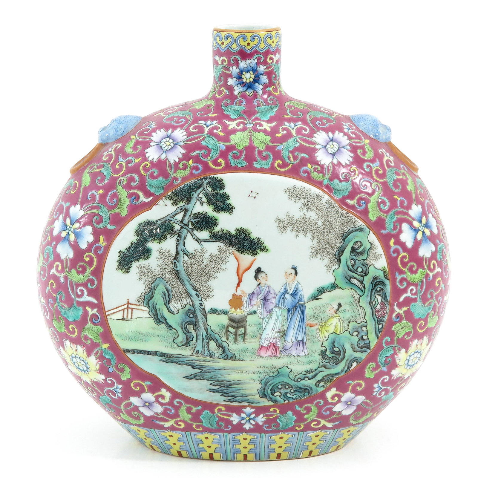 A Famille Rose Moon Bottle Vase: Light purple ground with Famille Rose enamels depicting scene with Chinese figures in garden and in Pagoda, Qianlong mark, 29 cm. tall.