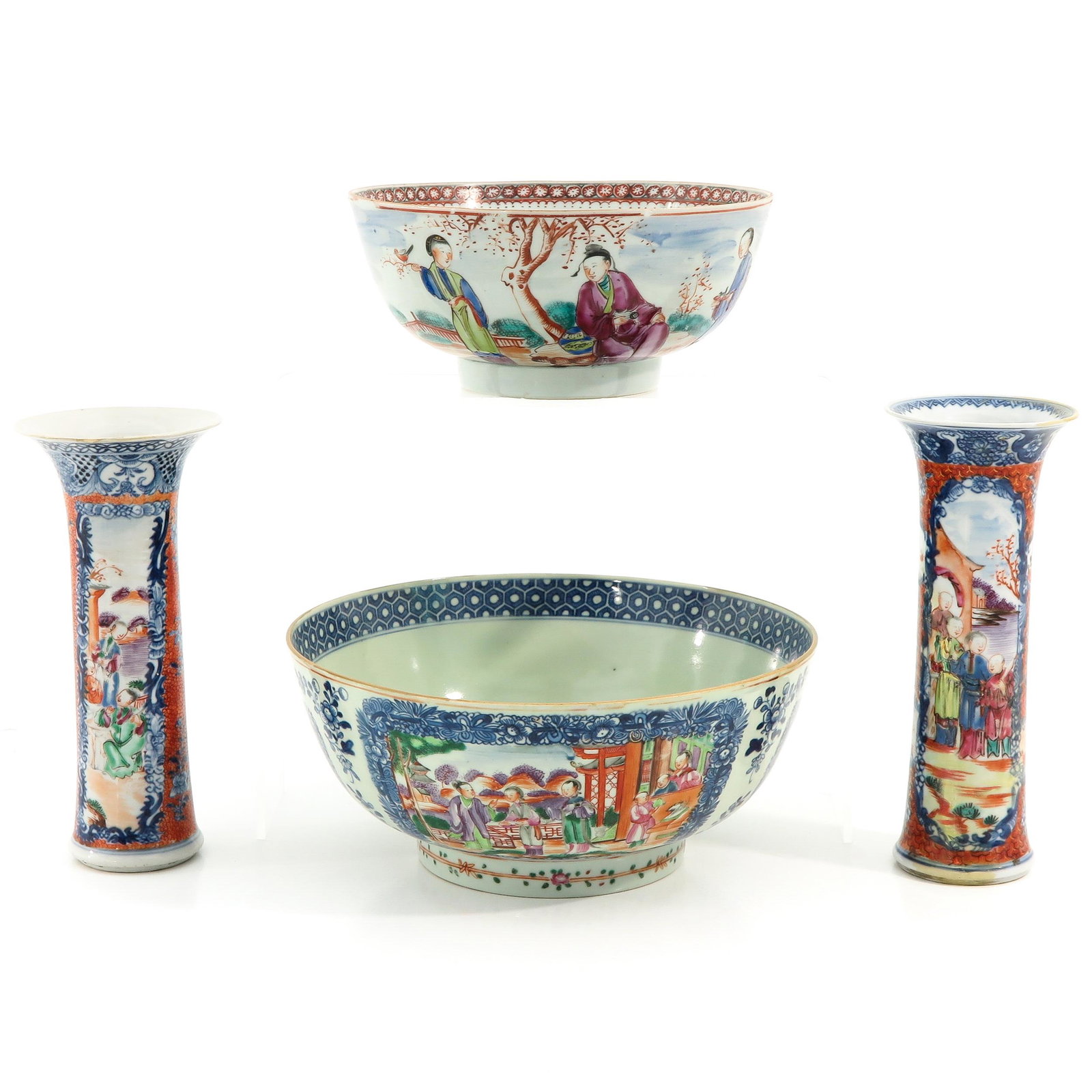 A Lot of 2 Mandarin Decor Bowls: In addition to 2 vases, depicting diverse scenes with Chinese figures, largest bowl is 23 cm. in diameter, restored.